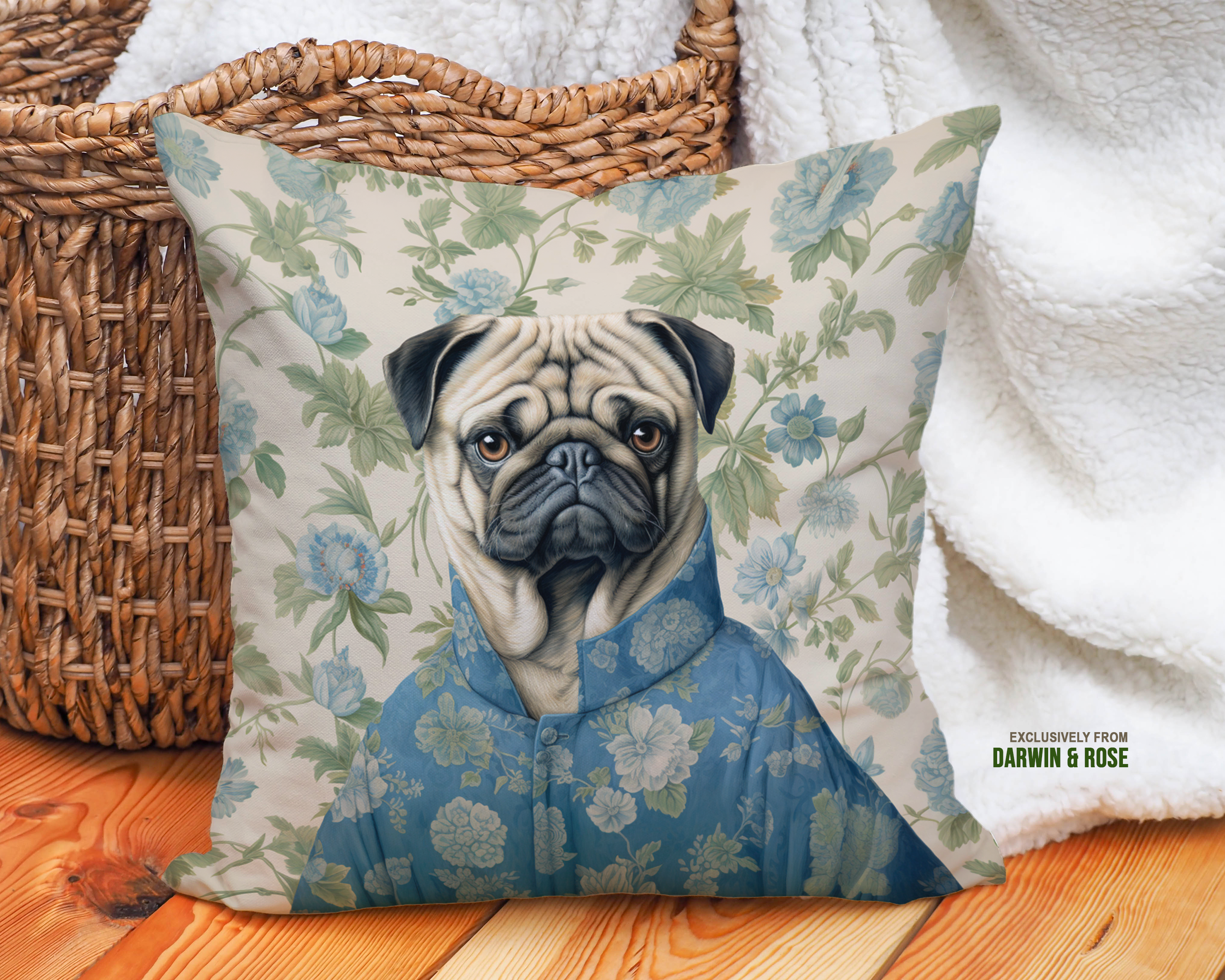 Pug-Inspired Floral Modern Throw Pillow
