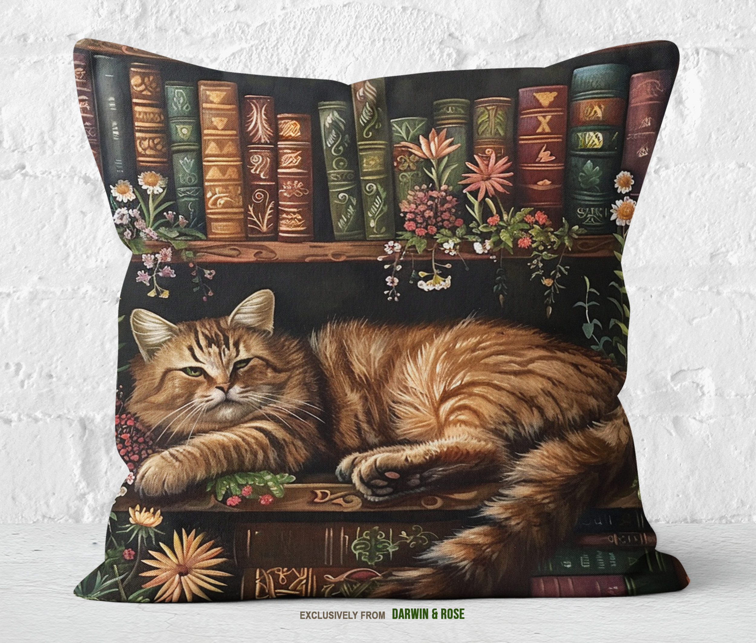 Cozy Tabby Cat in Vintage Bookshelf Throw Pillow for Boho Home Décor