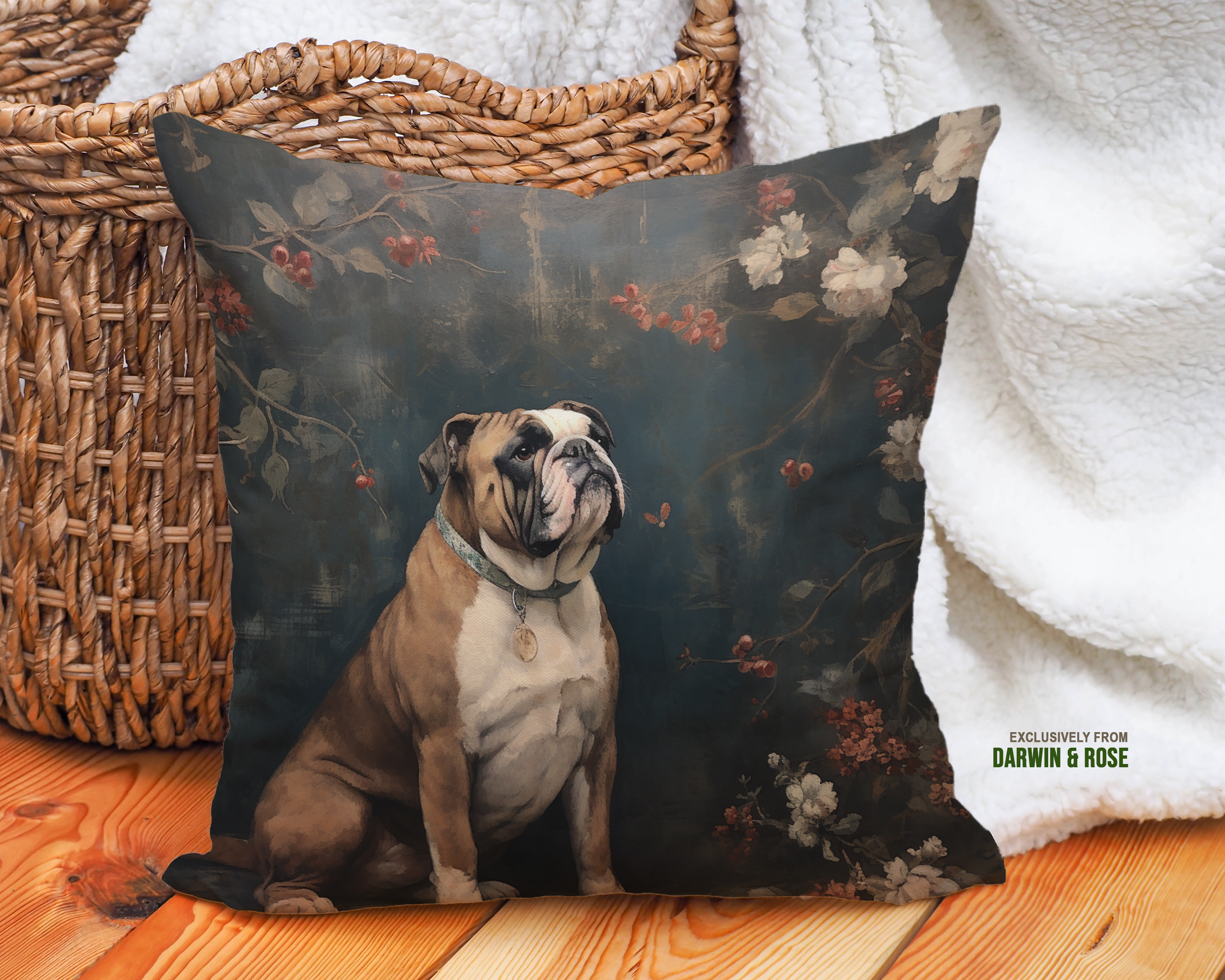 Floral Elegance English Bulldog Throw Pillow – Vintage Farmhouse Style