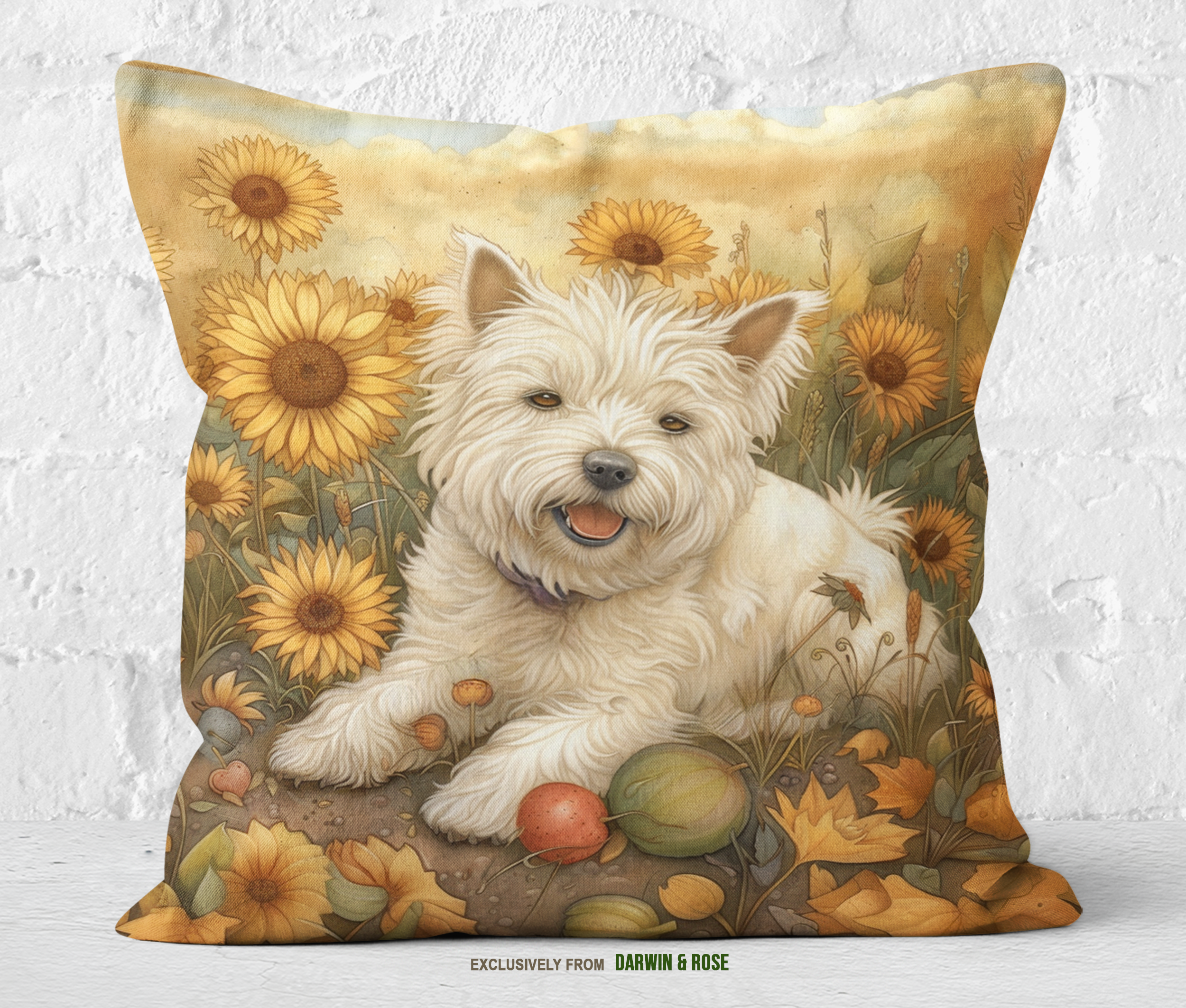 Westie Bliss Sunflower Farmhouse Throw Pillow