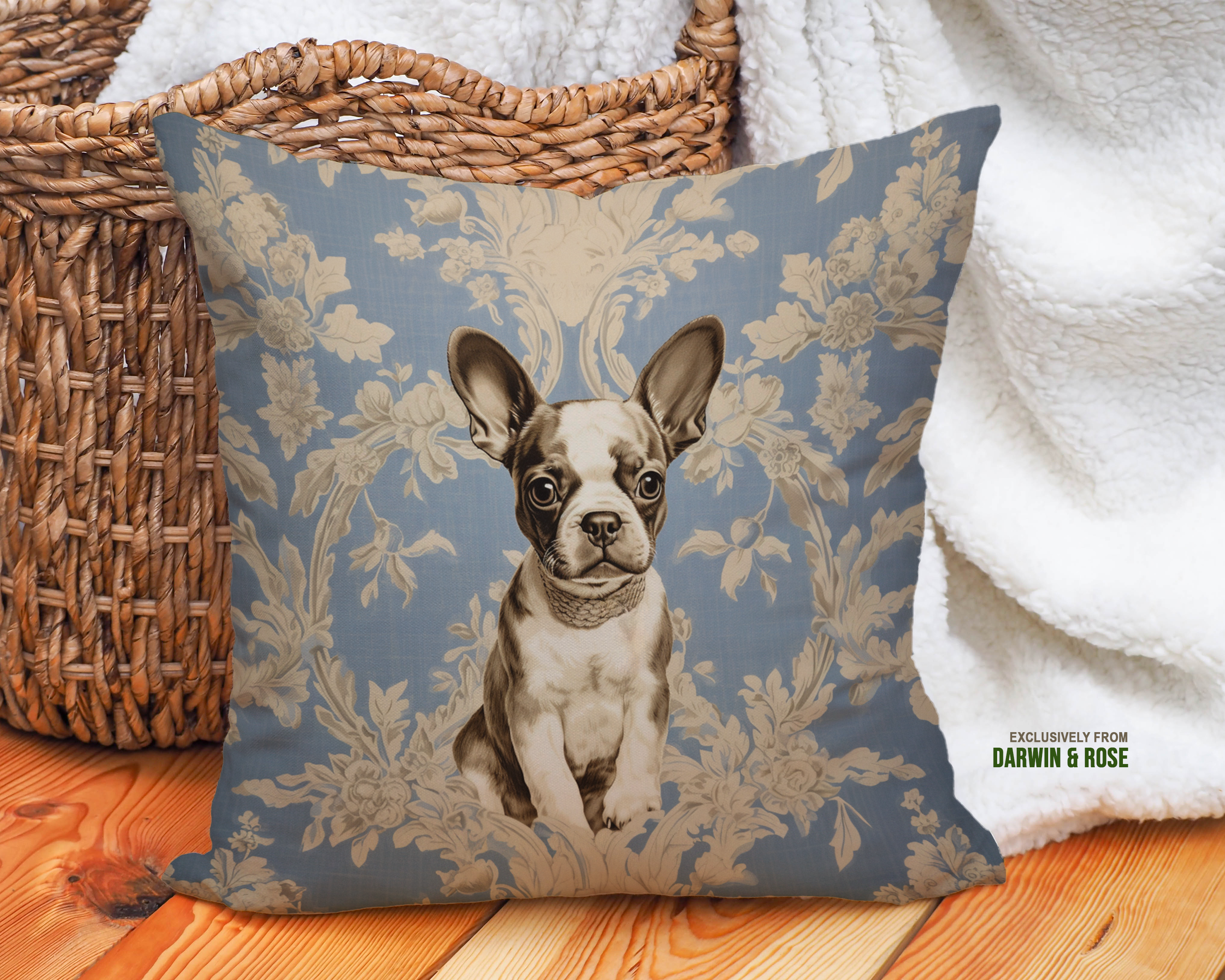 Charming French Country Boston Terrier Throw Pillow - Blue Floral Design