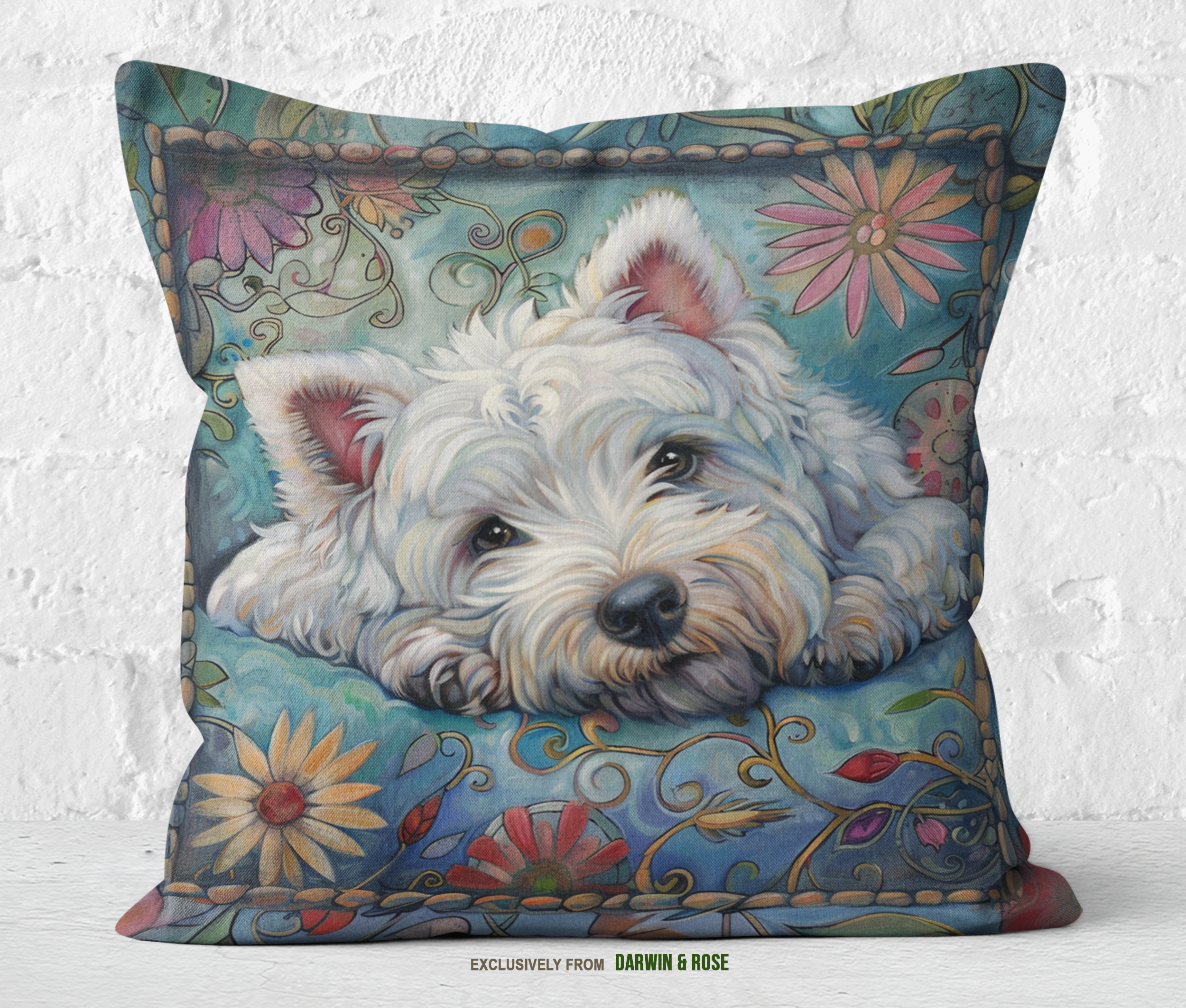 Westie Dreams Boho Throw Pillow – West Highland White Terrier Dog Art