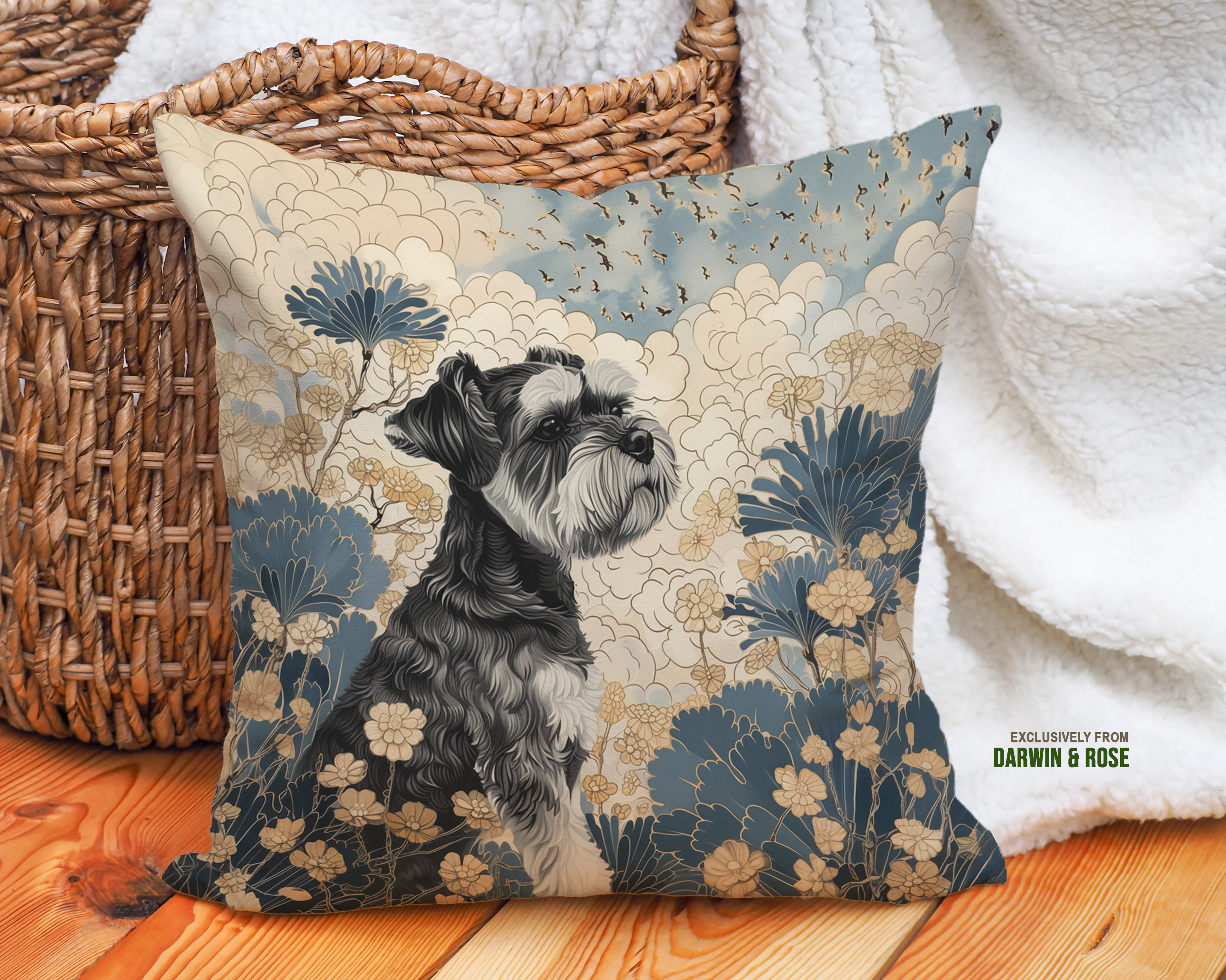 Miniature Schnauzer Floral Elegance Throw Pillow – Vintage Boho Style