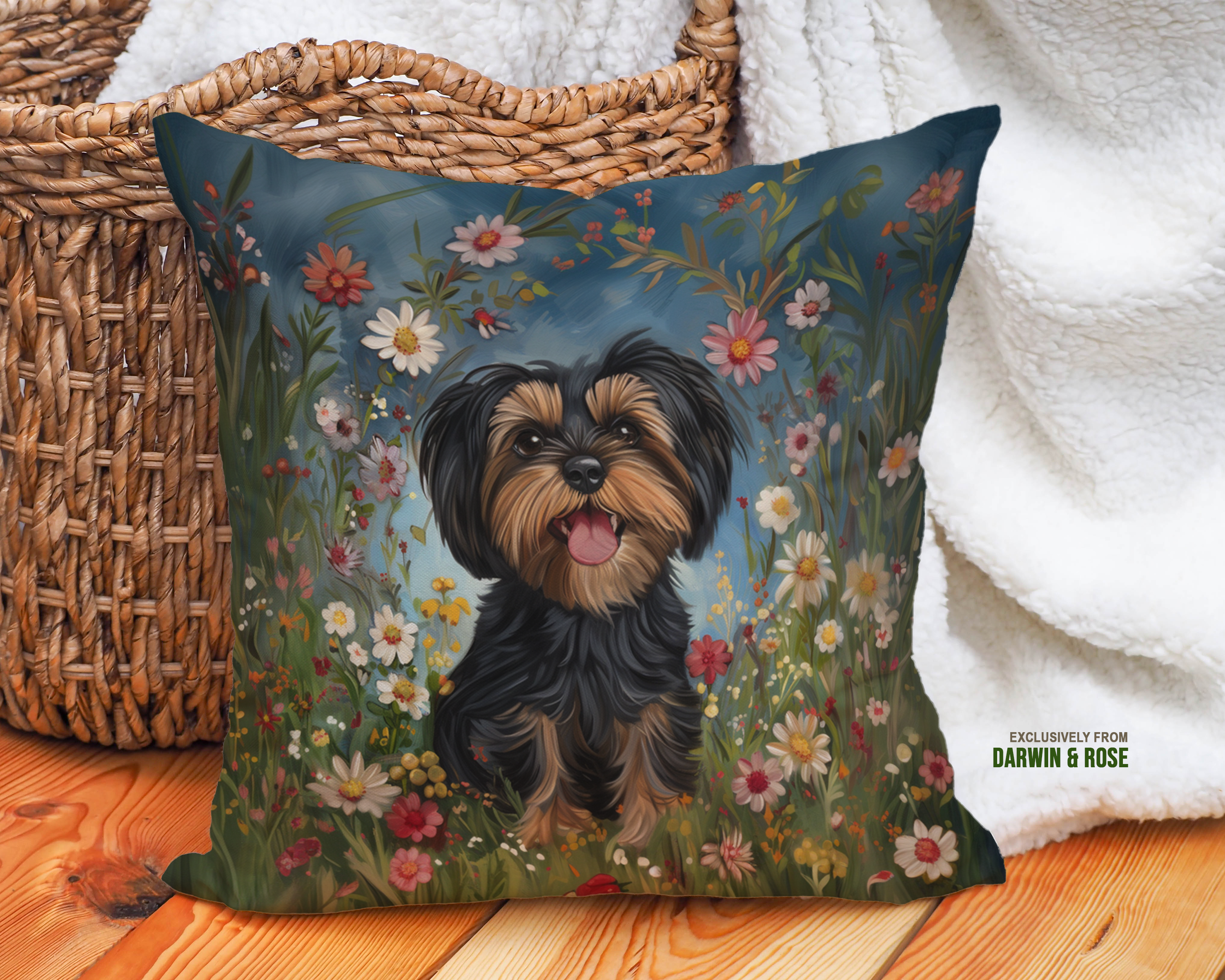 Yorkipoo Floral Meadow Throw Pillow - Modern Boho Dog Lover's Décor
