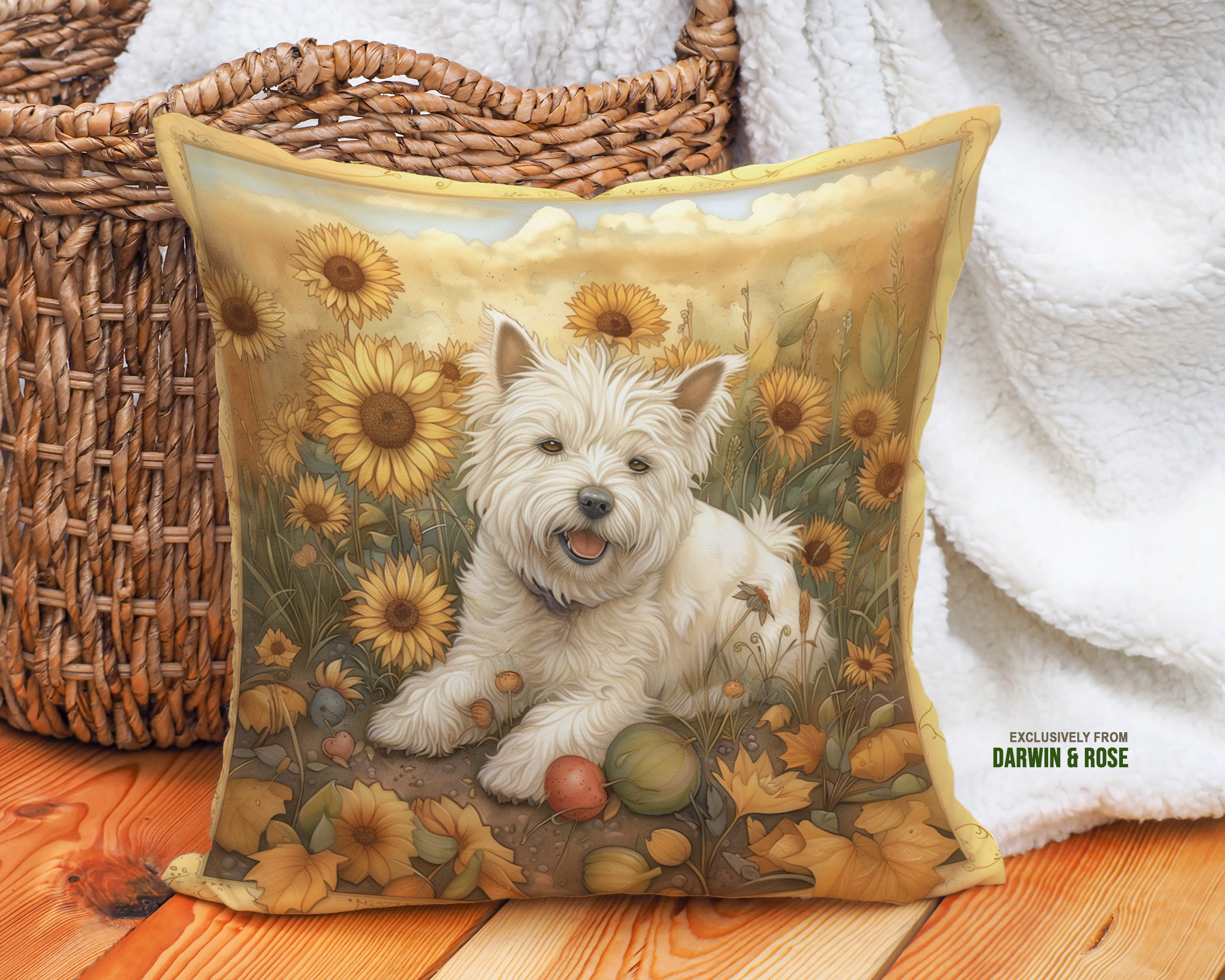 Westie Bliss Sunflower Farmhouse Throw Pillow
