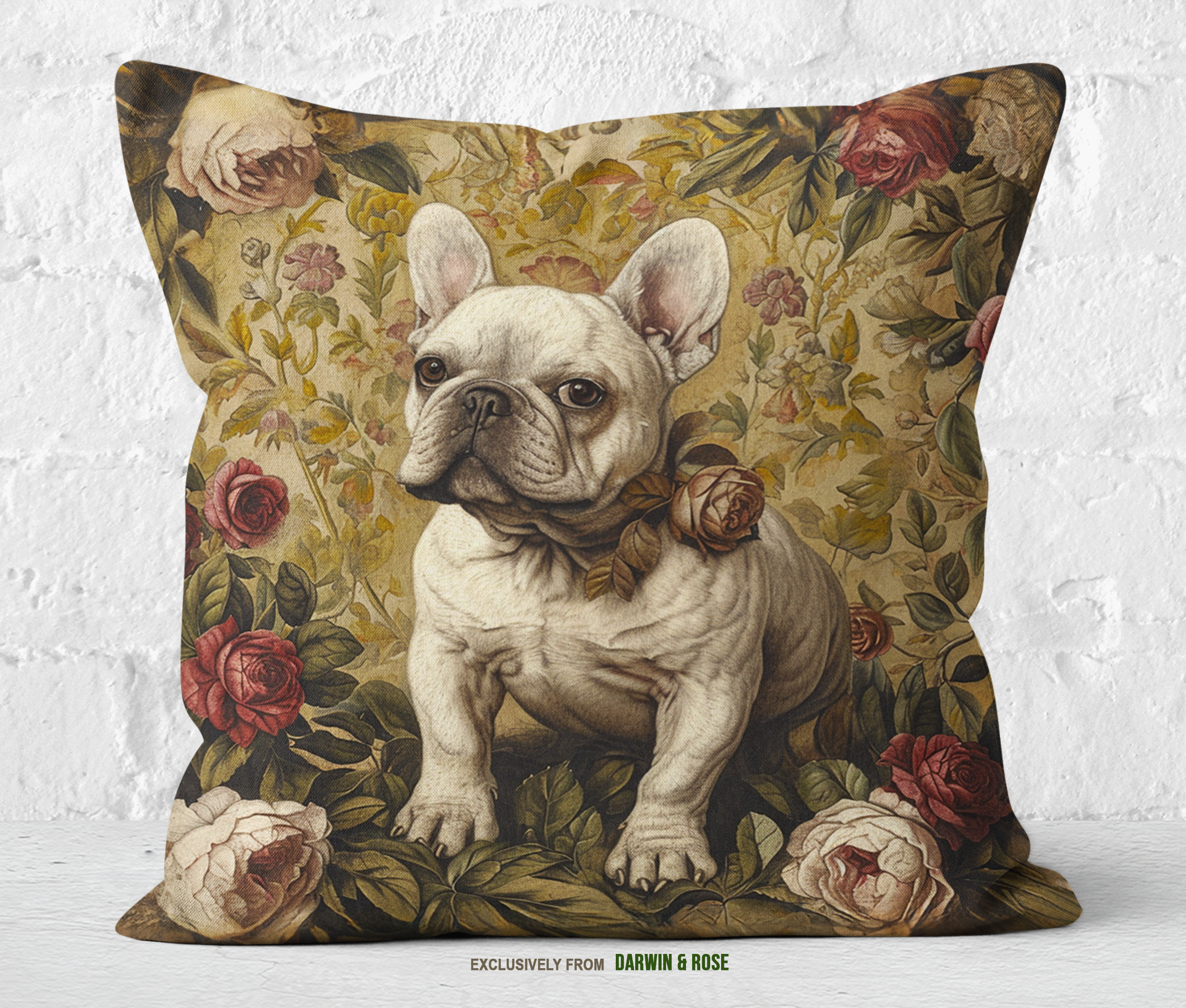 French Bulldog Vintage Floral Throw Pillow, Chic Boho Decor