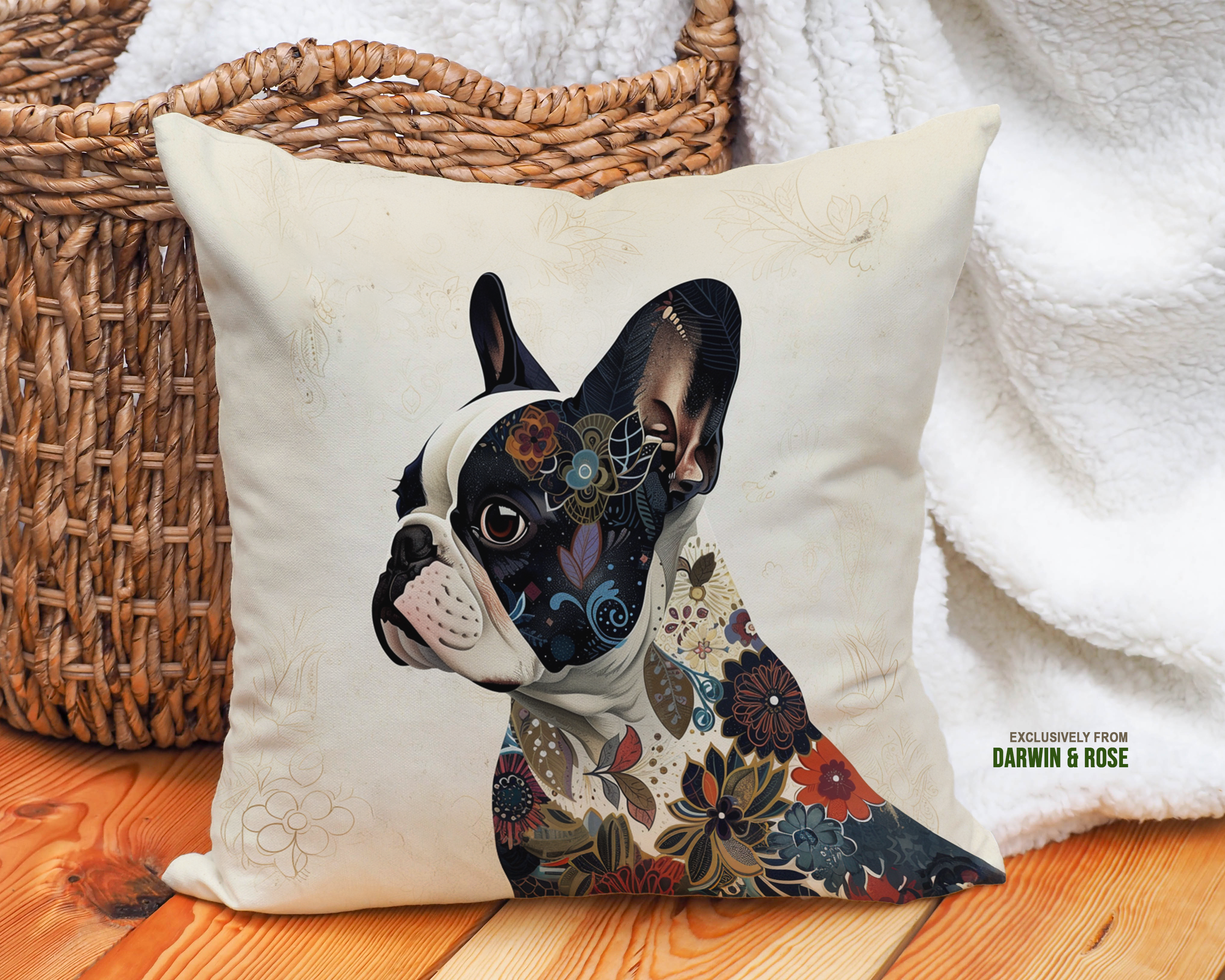 Floral French Bulldog Art Throw Pillow - Modern Boho Style