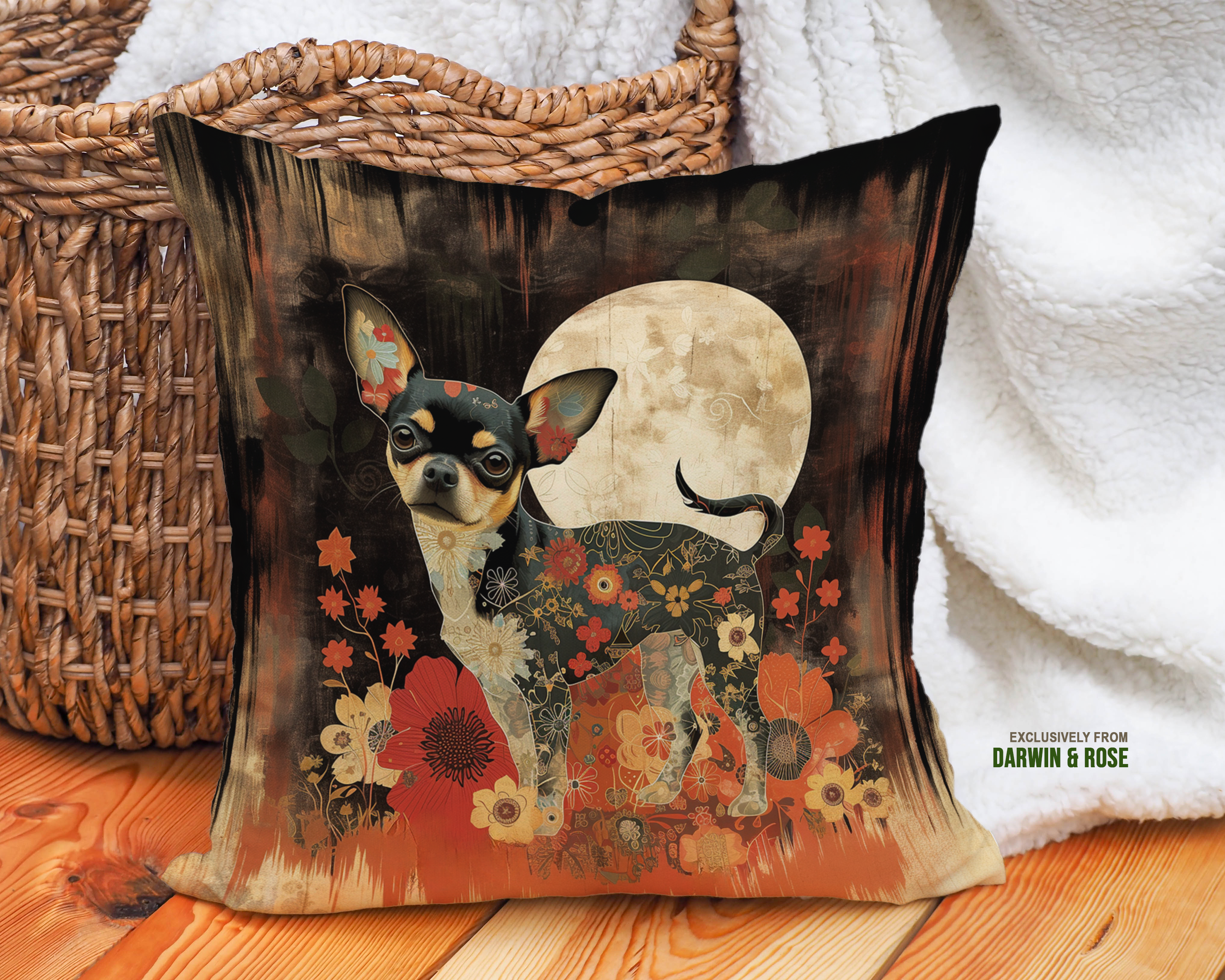 Floral Moonlight Chihuahua Throw Pillow – Modern Boho Décor