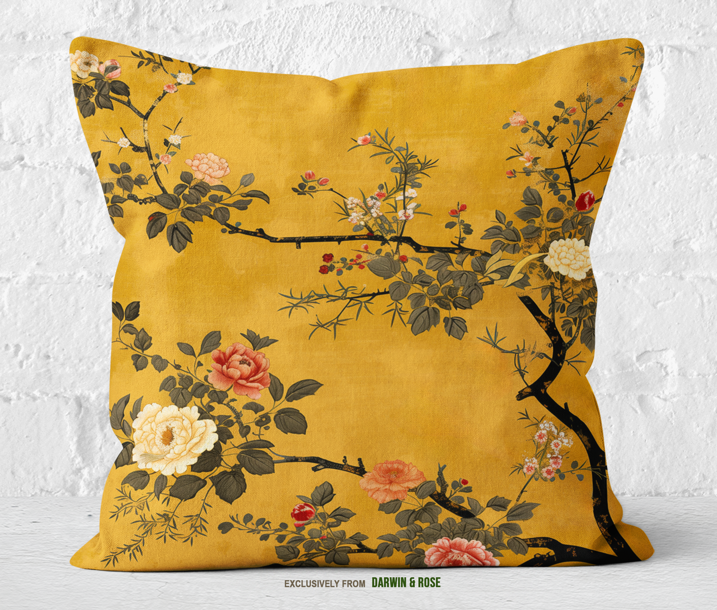 Golden Blossom Luxe Throw Pillow – Asian-Inspired Floral Design