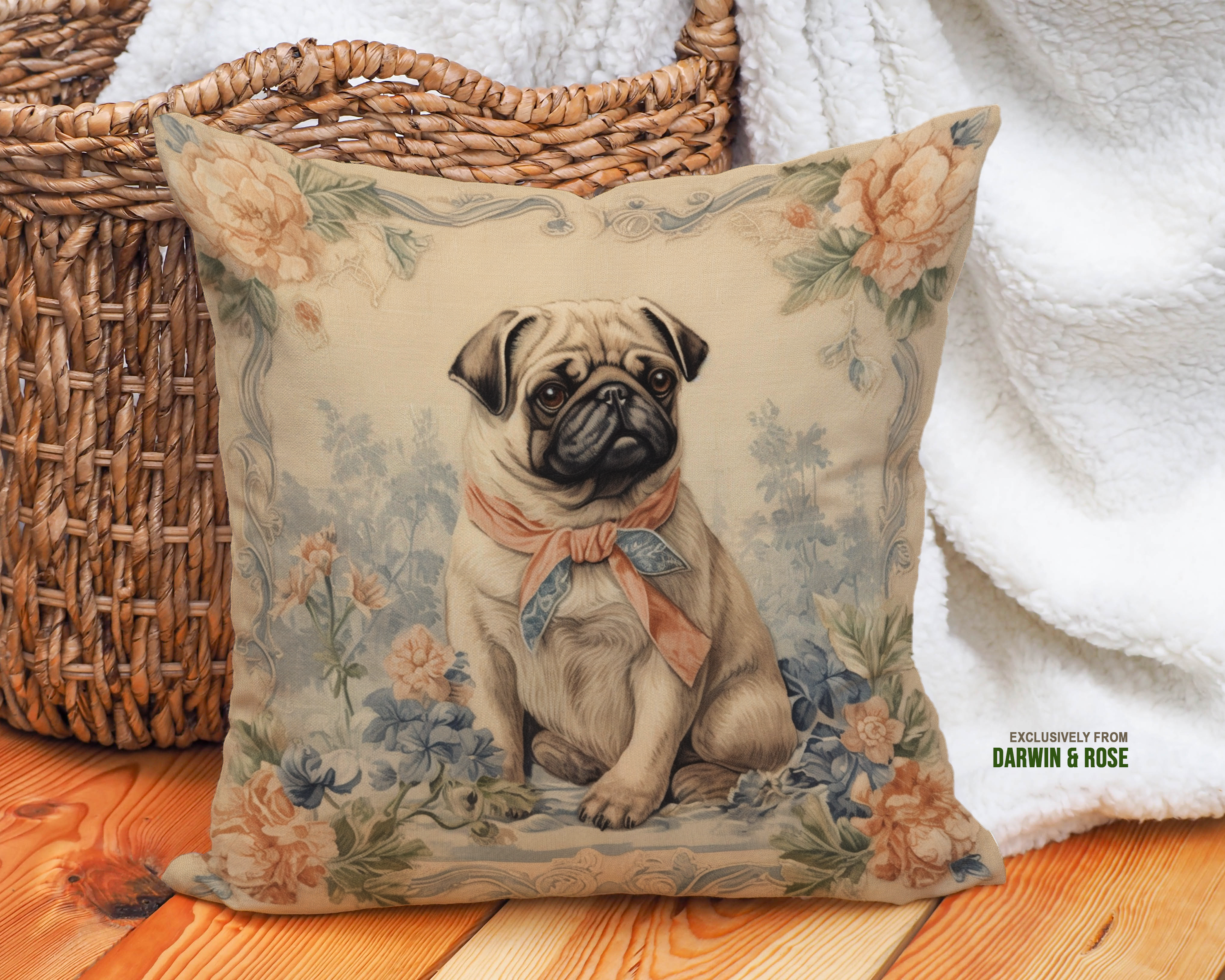 Vintage Floral Pug Throw Pillow – Cottagecore Style Home Décor