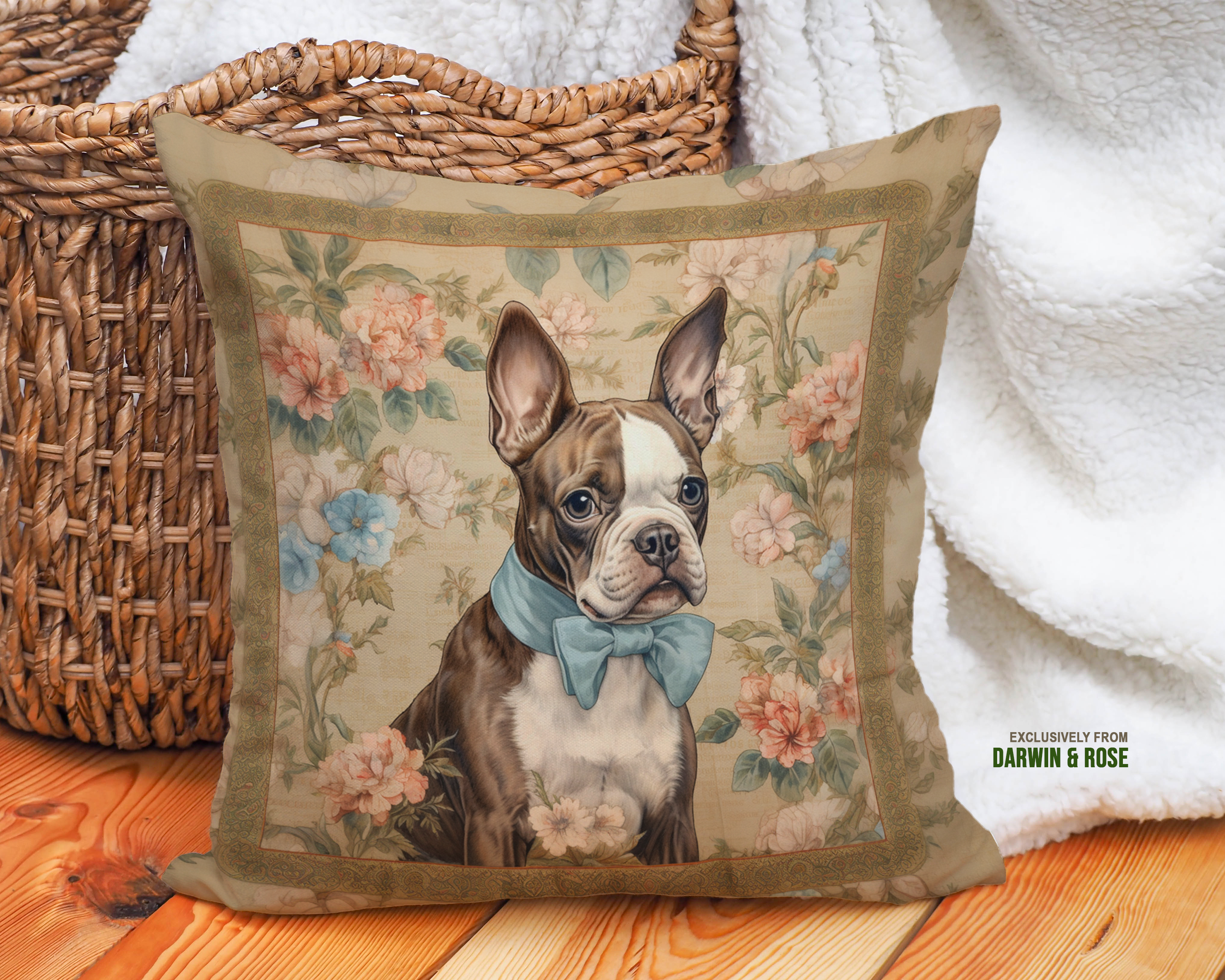 Boston Terrier Vintage Floral Throw Pillow - Charming Farmhouse Style