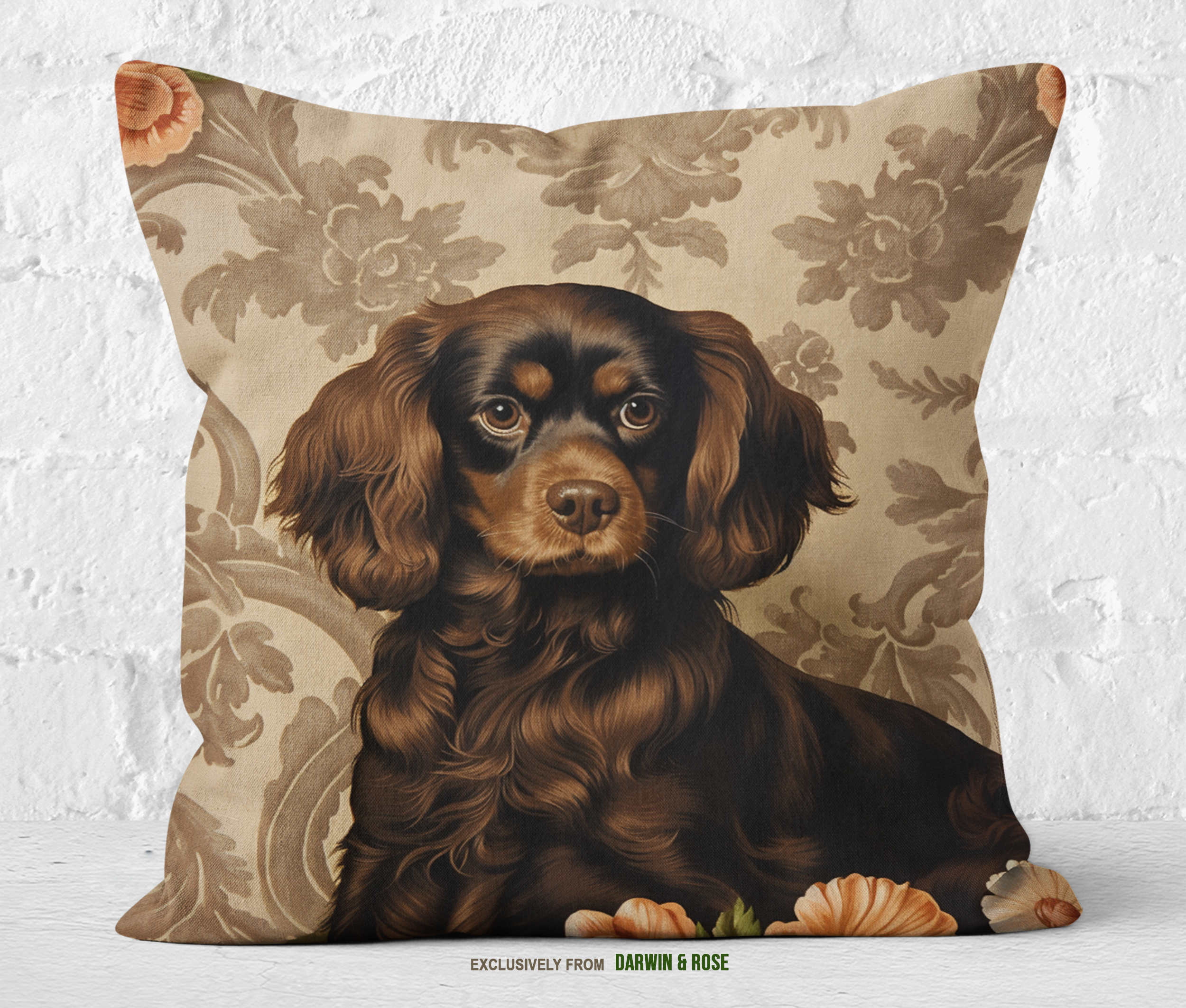 Chocolate Blossom Cavalier King Charles Spaniel Throw Pillow - Vintage Floral Design