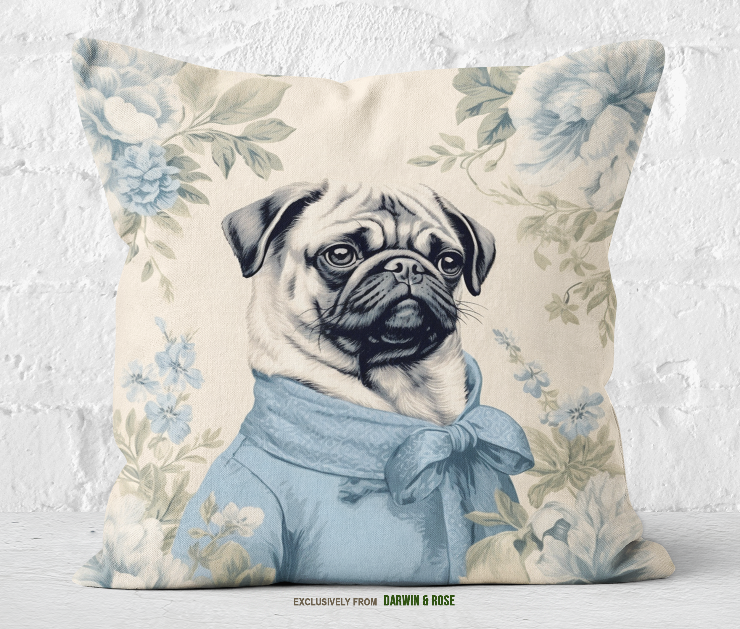 Charming Blue Pug Throw Pillow – Vintage Floral Design for Modern Decor