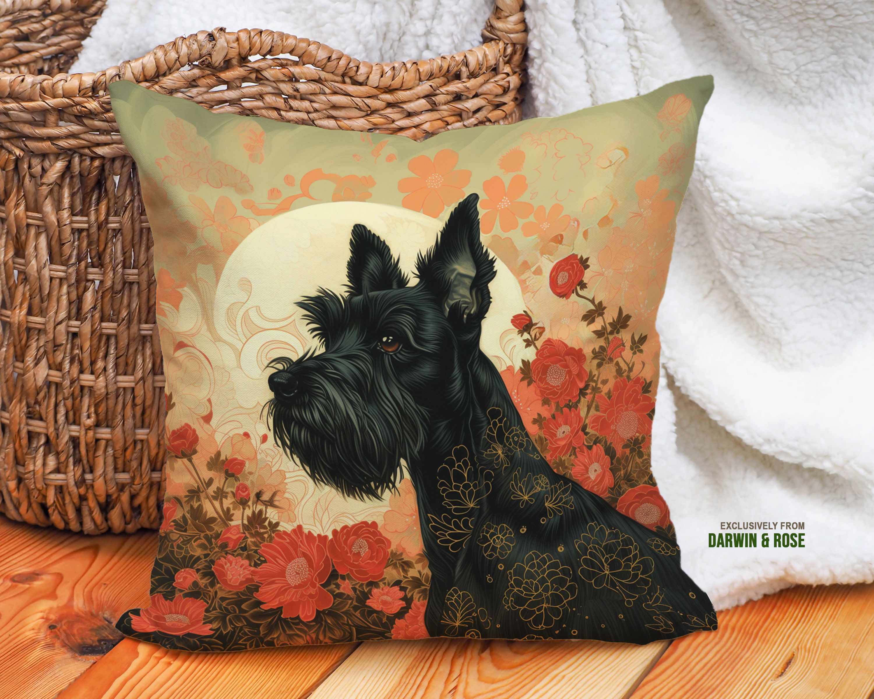 Scottish Terrier Floral Elegance Throw Pillow – Vintage Boho Style