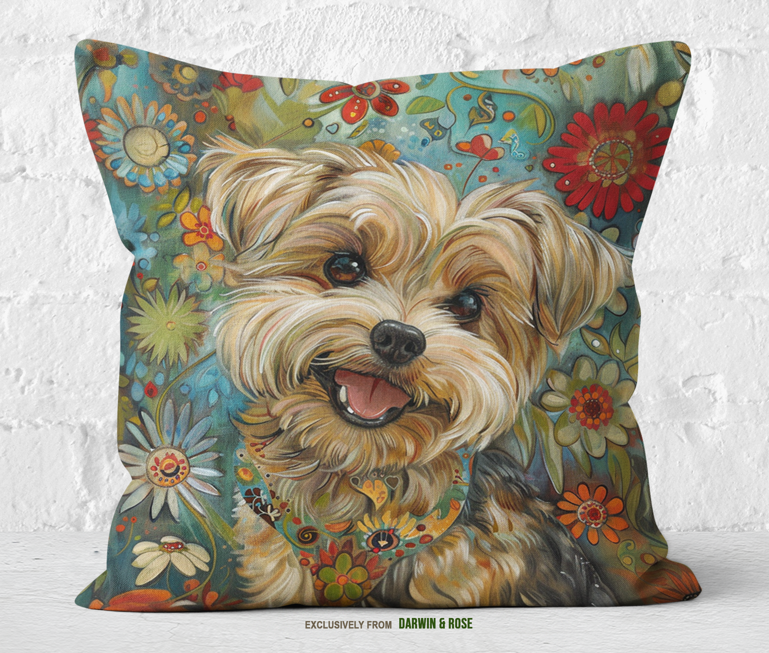 Yorkipoo Spring Blooms Throw Pillow – Whimsical Boho Decor for Dog Lovers