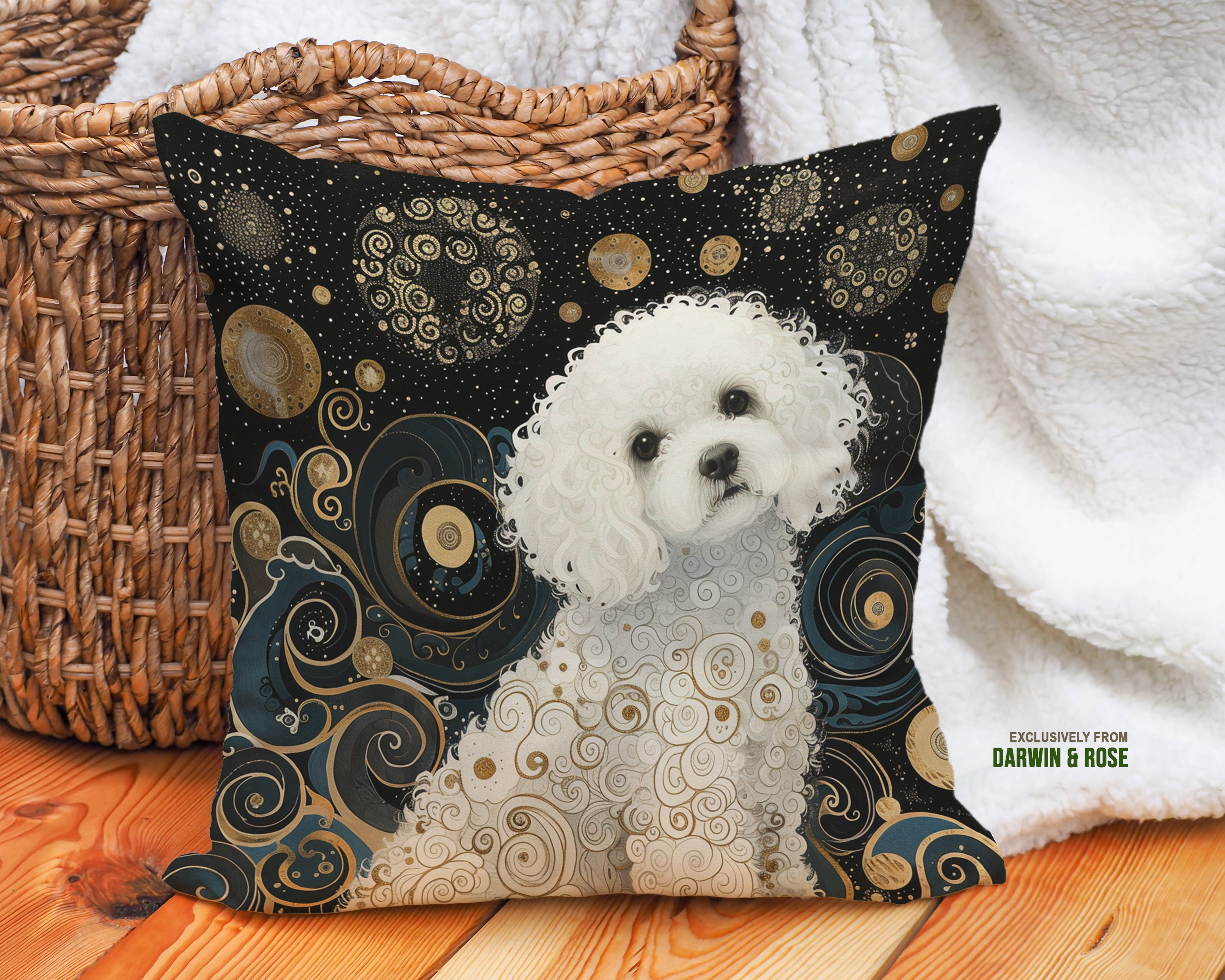 Starry Night Bichon Frise Throw Pillow – Modern Artistic Design