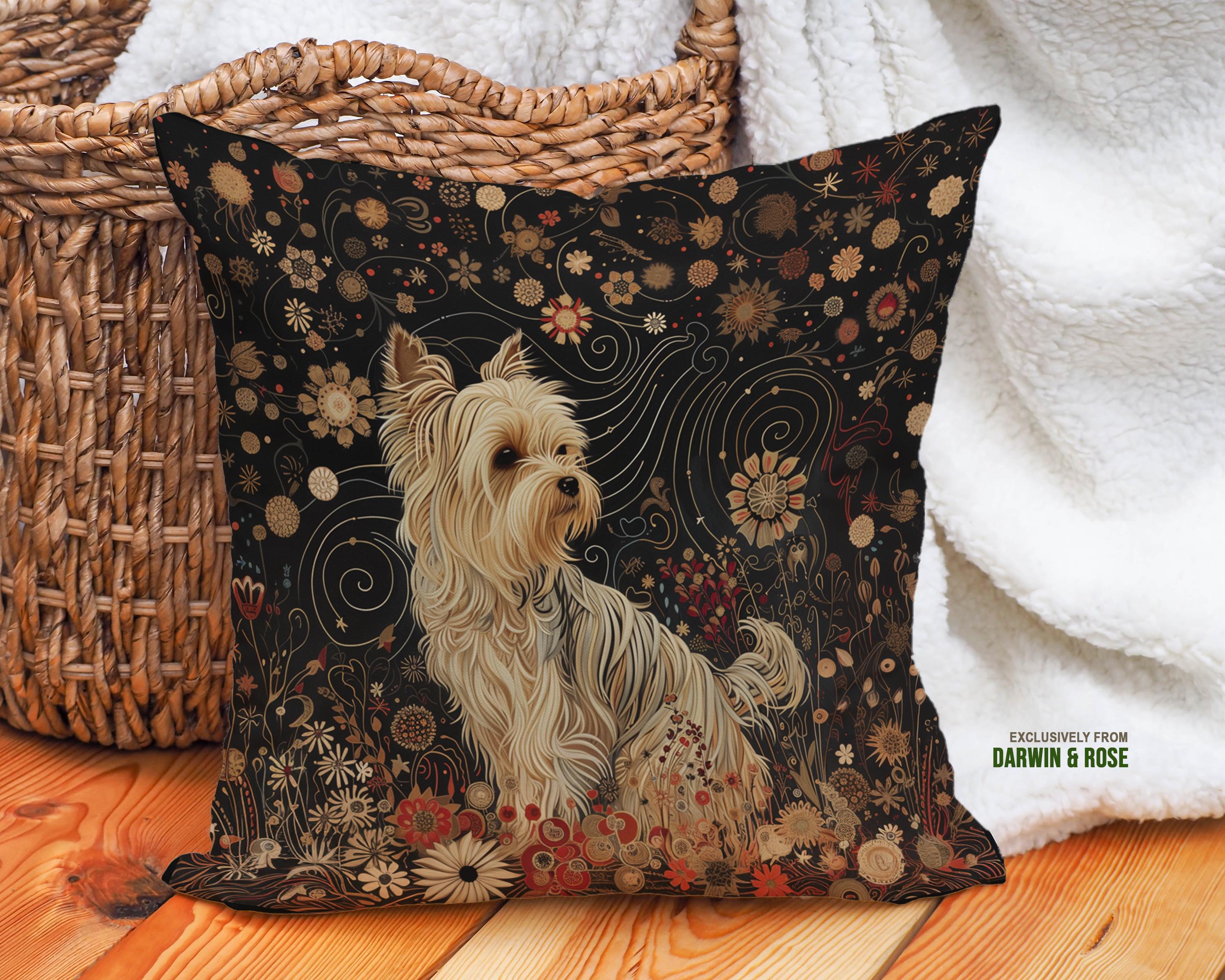 Yorkshire Terrier Boho Floral Elegance Throw Pillow