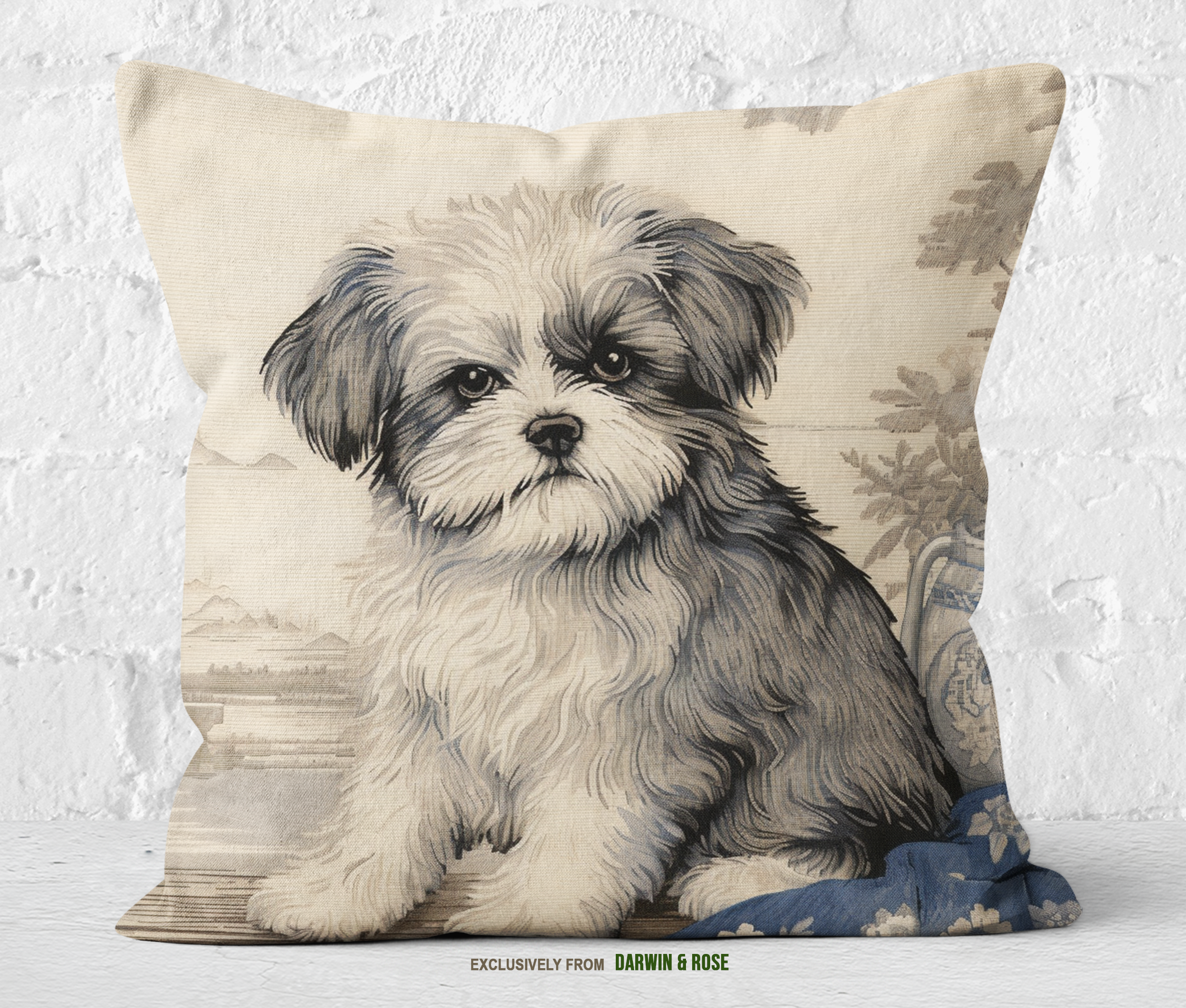 Shih Tzu Elegance in Blue - Chinoiserie-Inspired Modern Throw Pillow