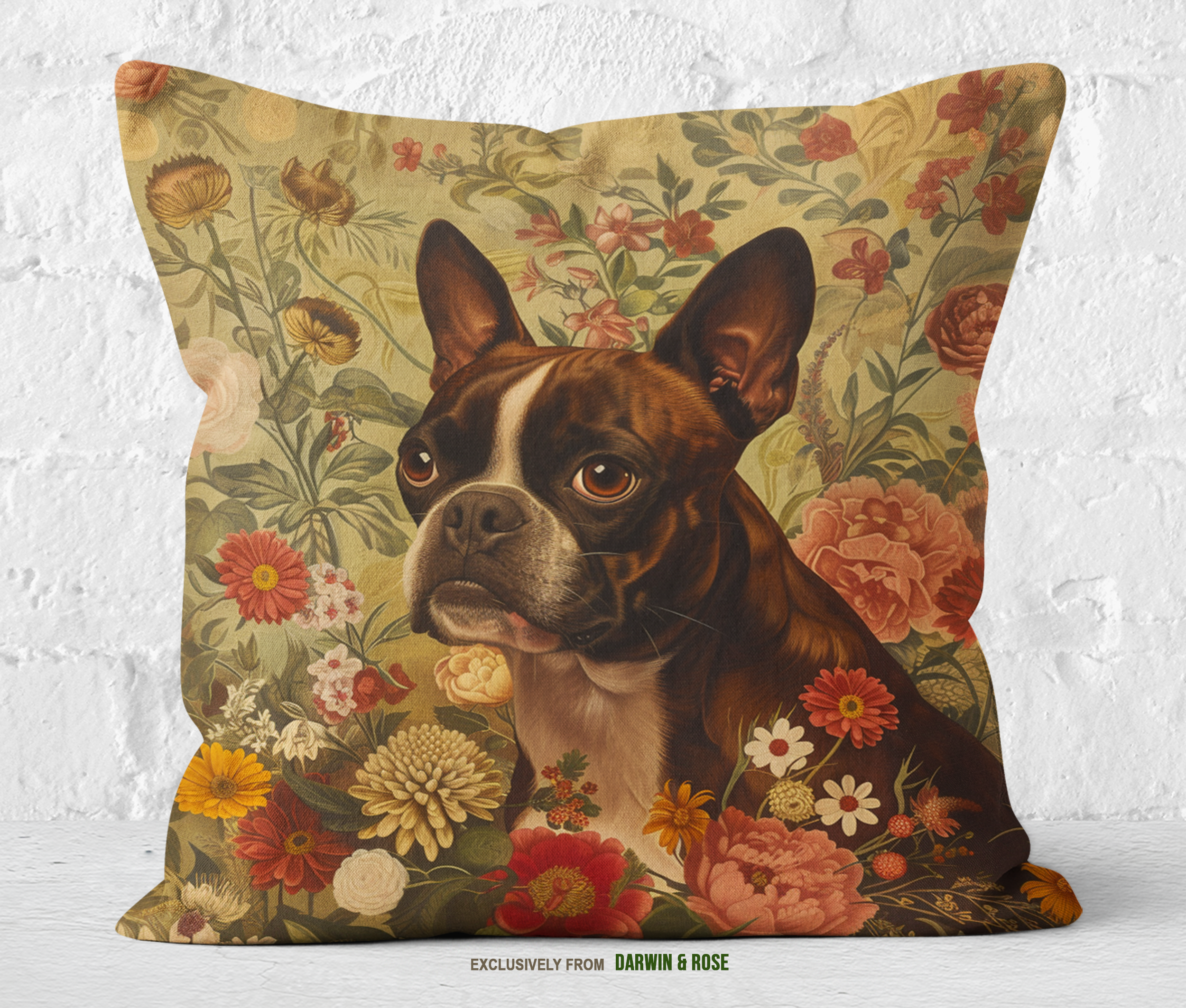 Boston Terrier Bloom Throw Pillow - Vintage Floral Accent for Dog Lovers
