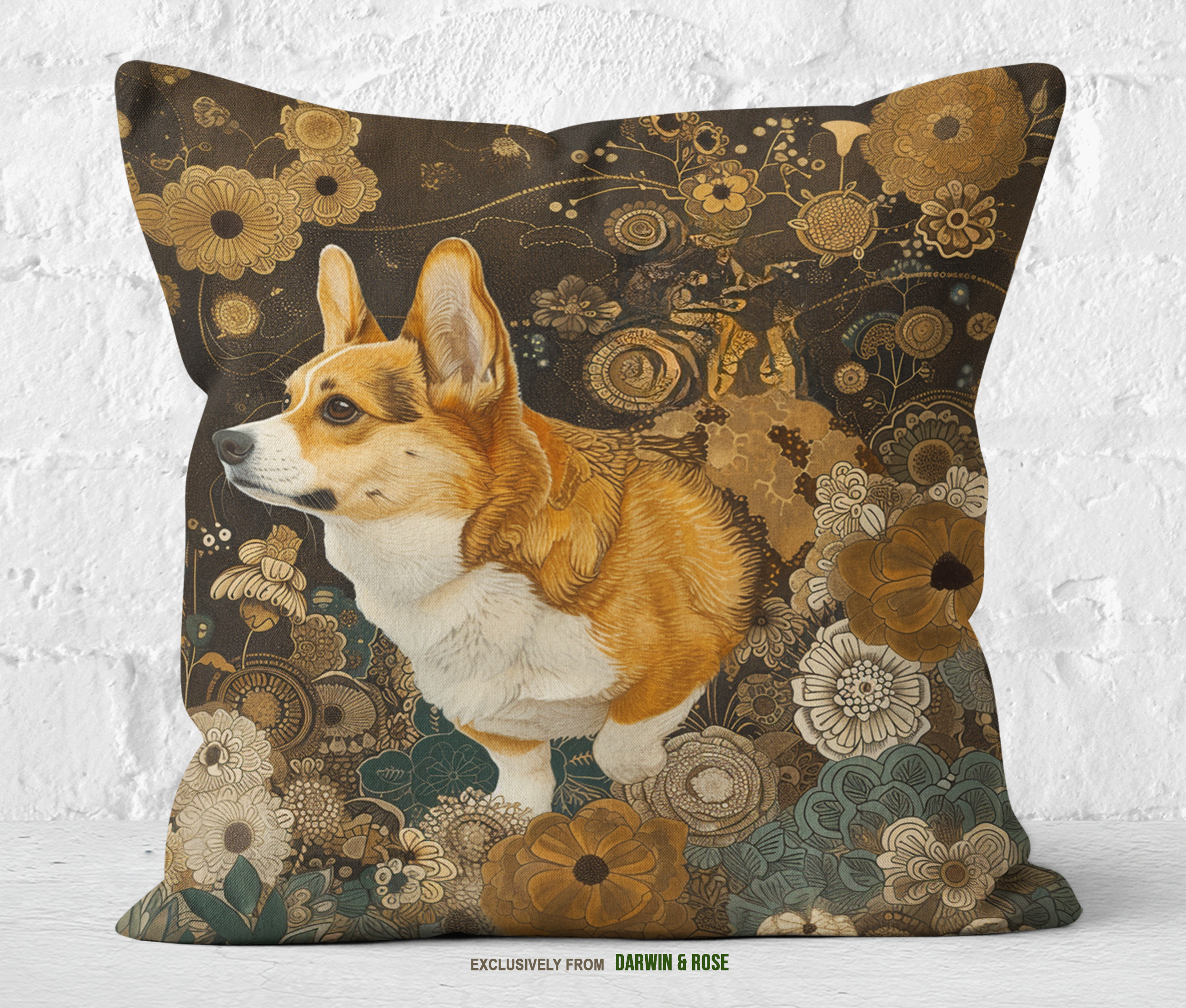 Pembroke Welsh Corgi Floral Charm Throw Pillow – Vintage Boho Style