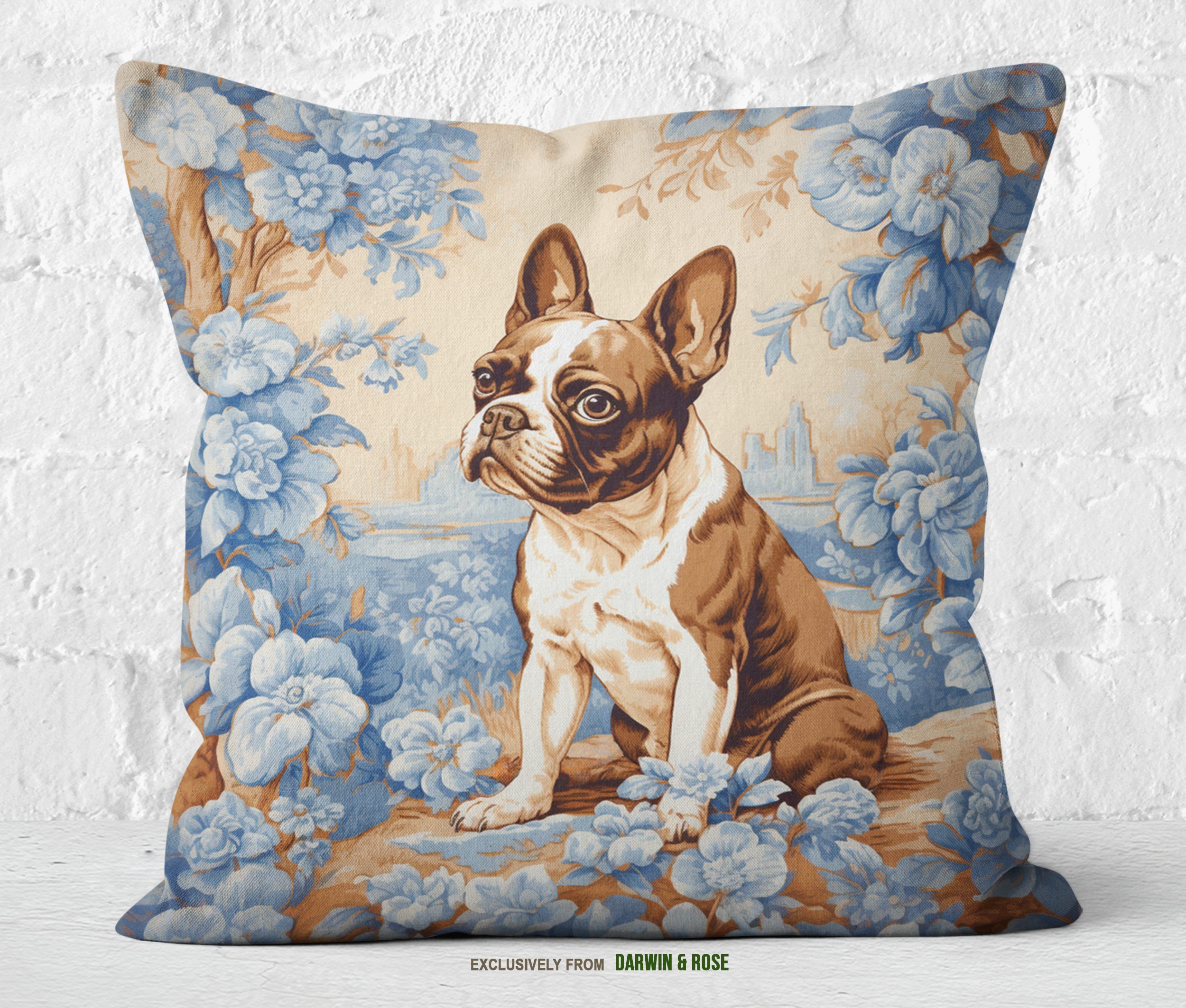 Brown Boston Terrier Toile Throw Pillow – Vintage-Inspired Farmhouse Decor