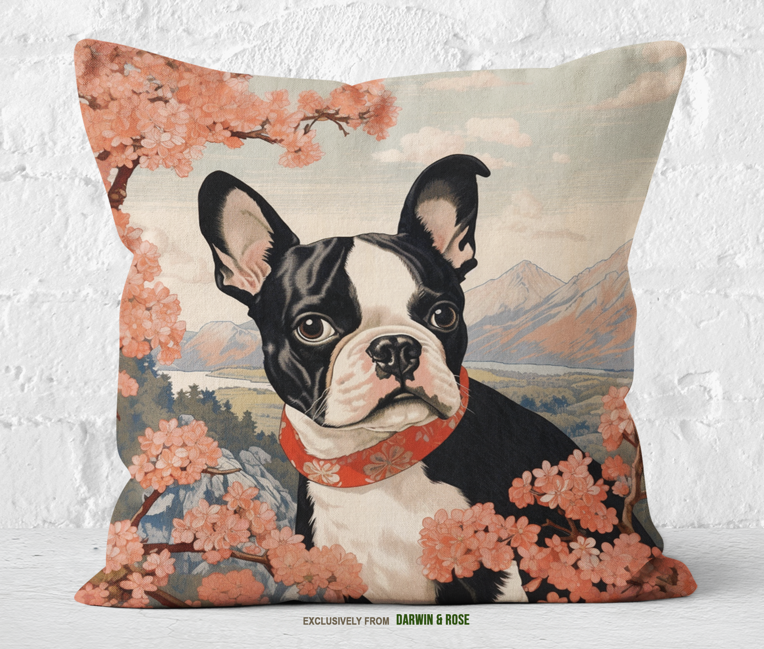 Boston Terrier Blossom Throw Pillow - Modern Spring Decor