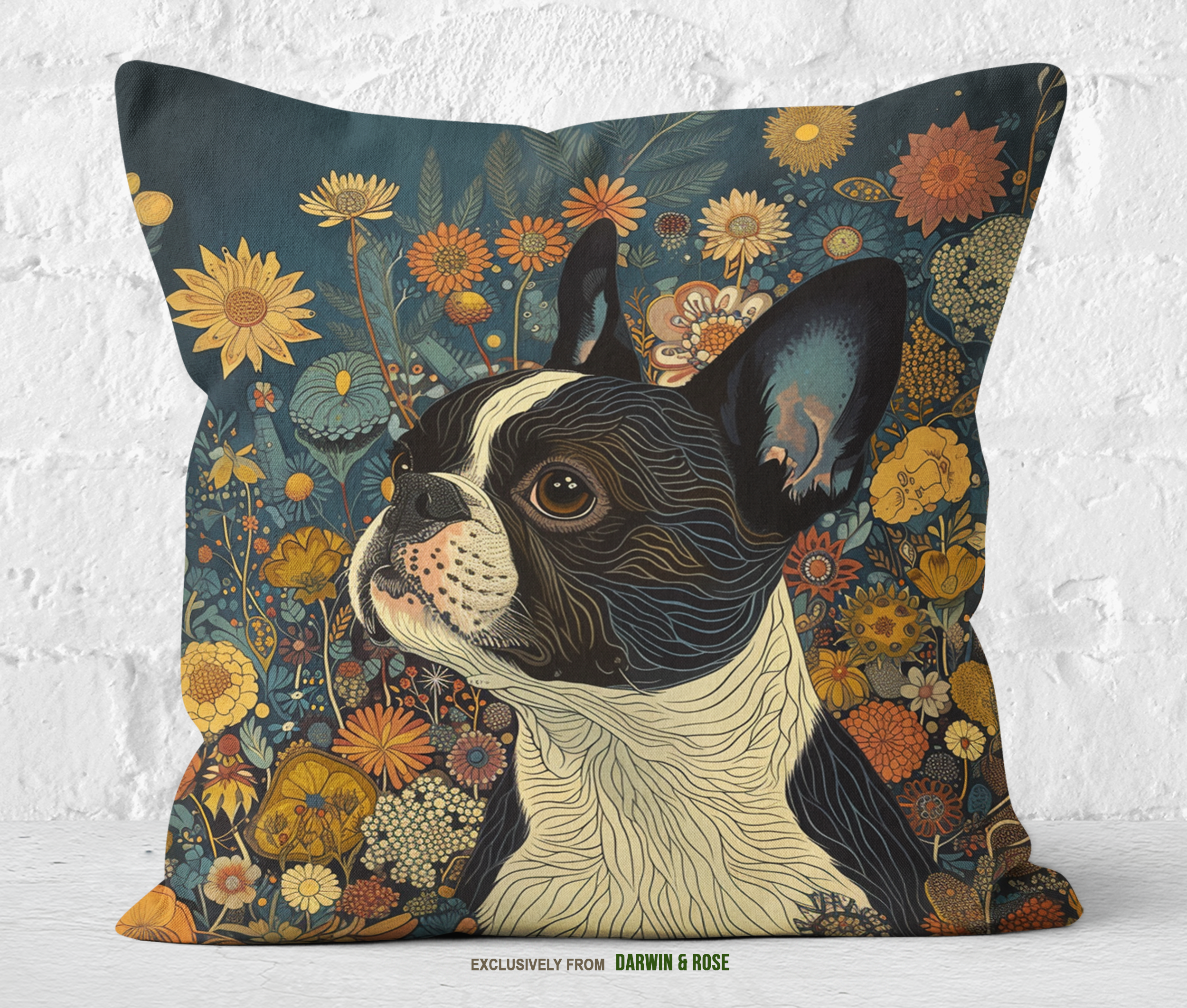 Boston Terrier Floral Charm Throw Pillow – Modern Boho Style