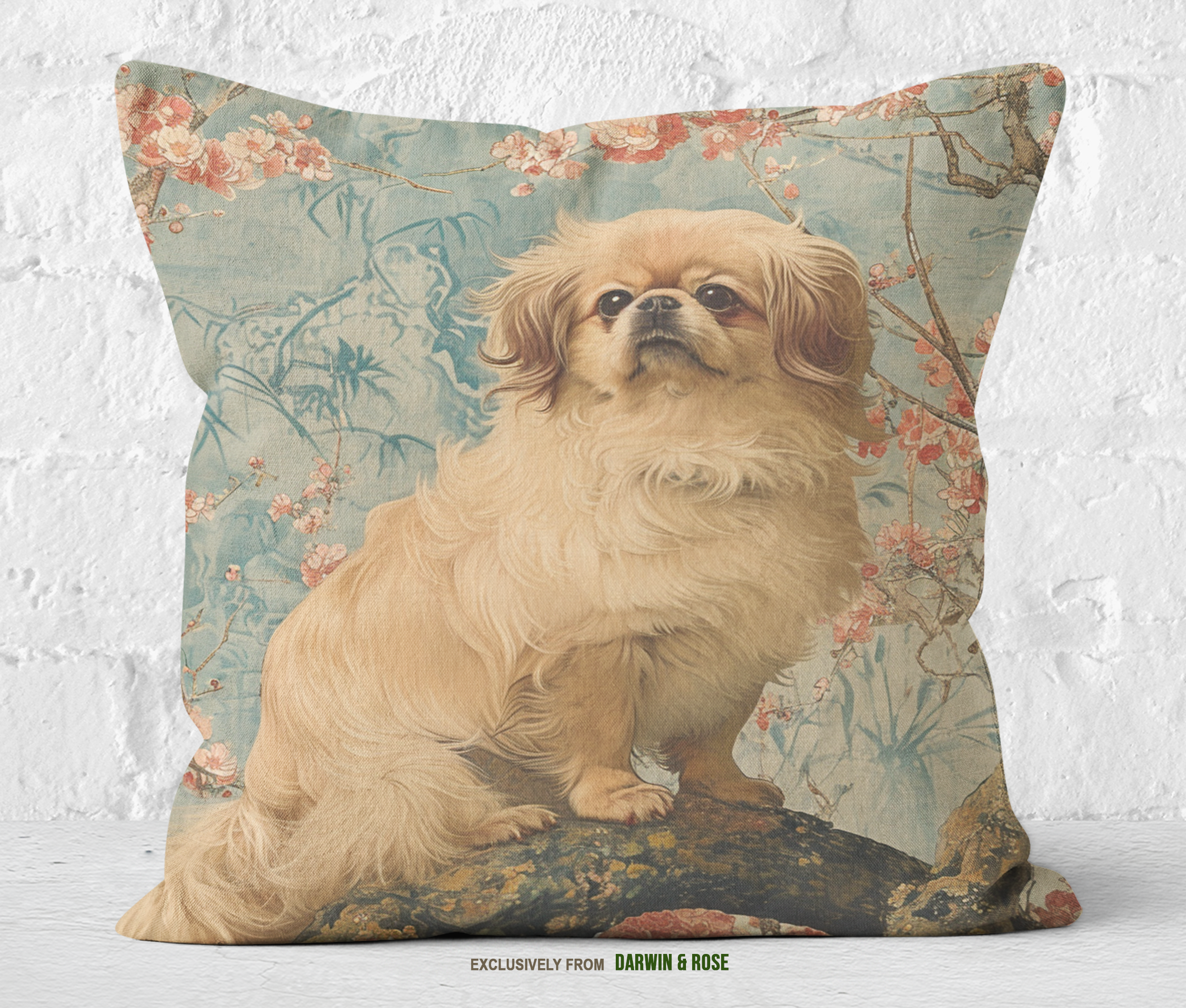 Pekingese Blossom Elegance: Vintage Floral Throw Pillow