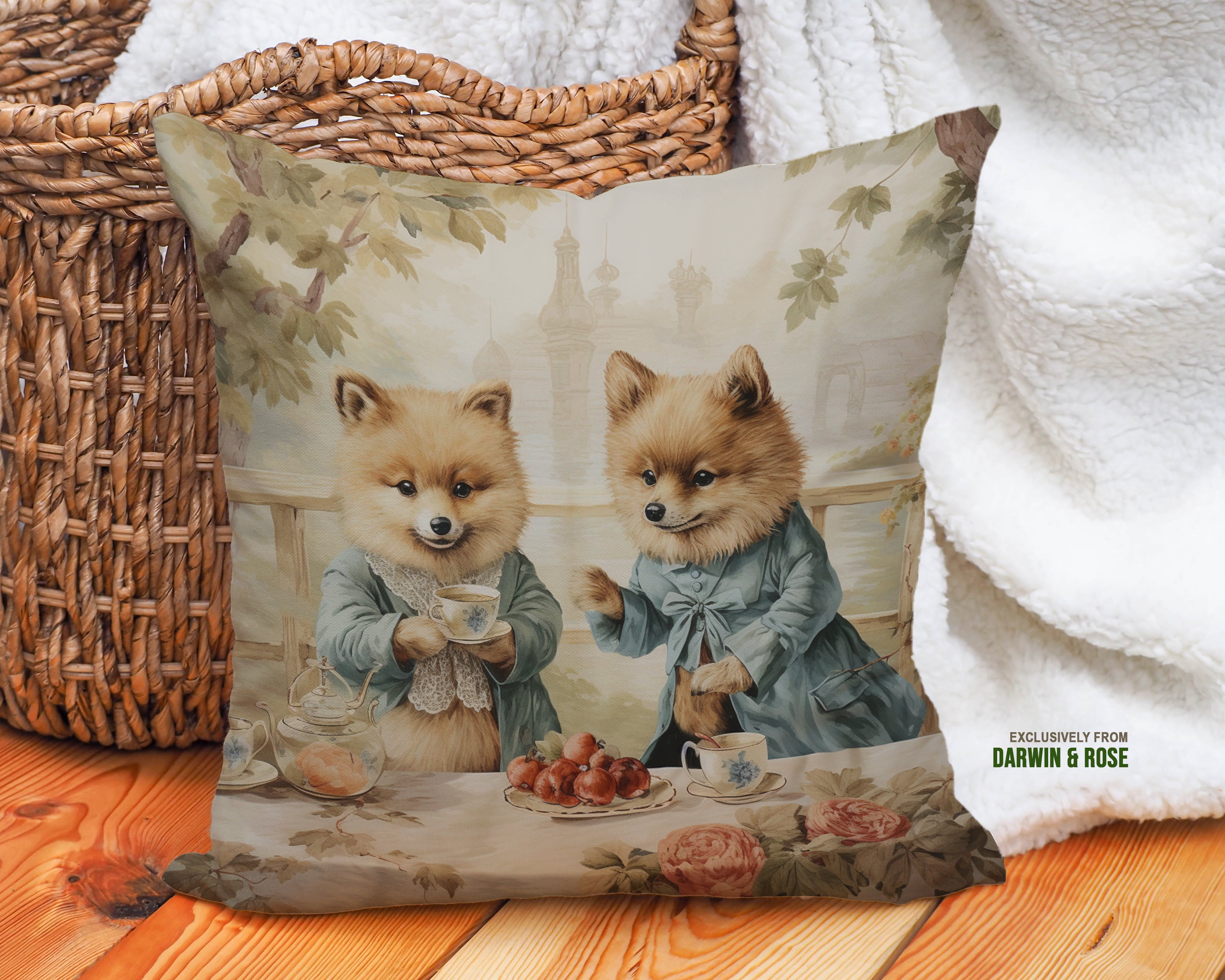 Victorian Tea Party Pomeranian Throw Pillow – Vintage Cottagecore Charm