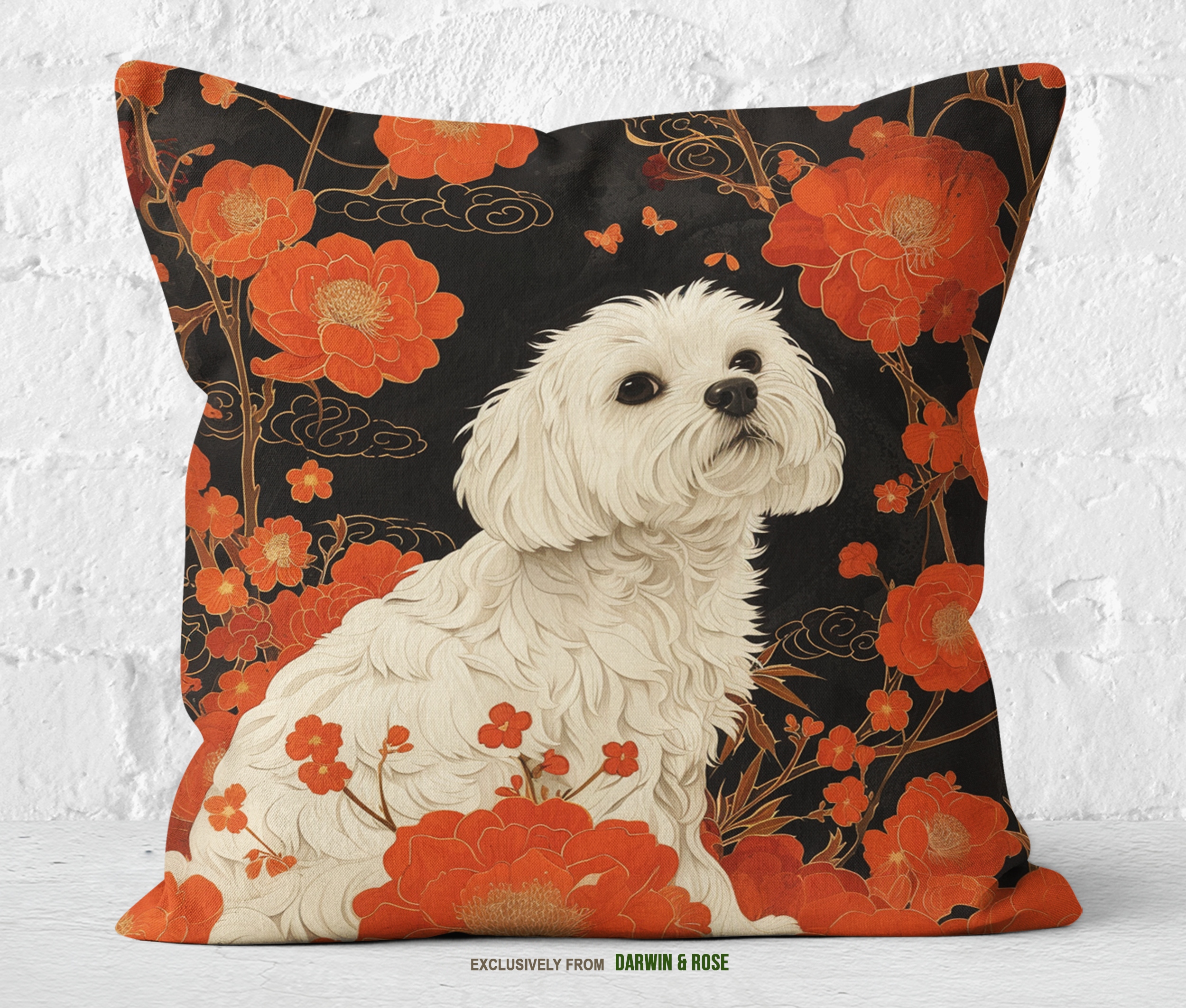 Maltese Elegance Throw Pillow – Modern Floral Design in Red and Black