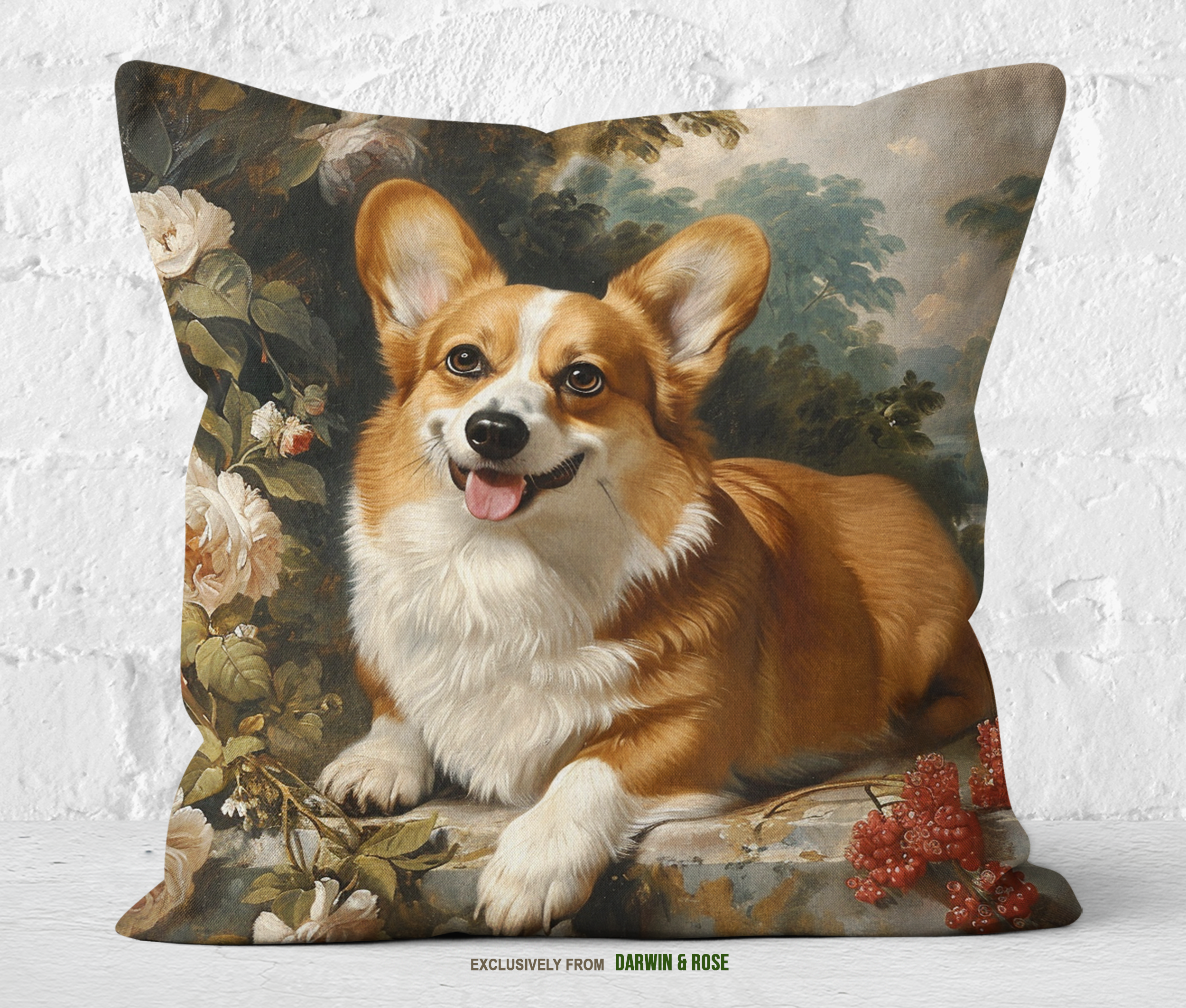 Pembroke Welsh Corgi Floral Elegance Throw Pillow - Vintage Farmhouse Style