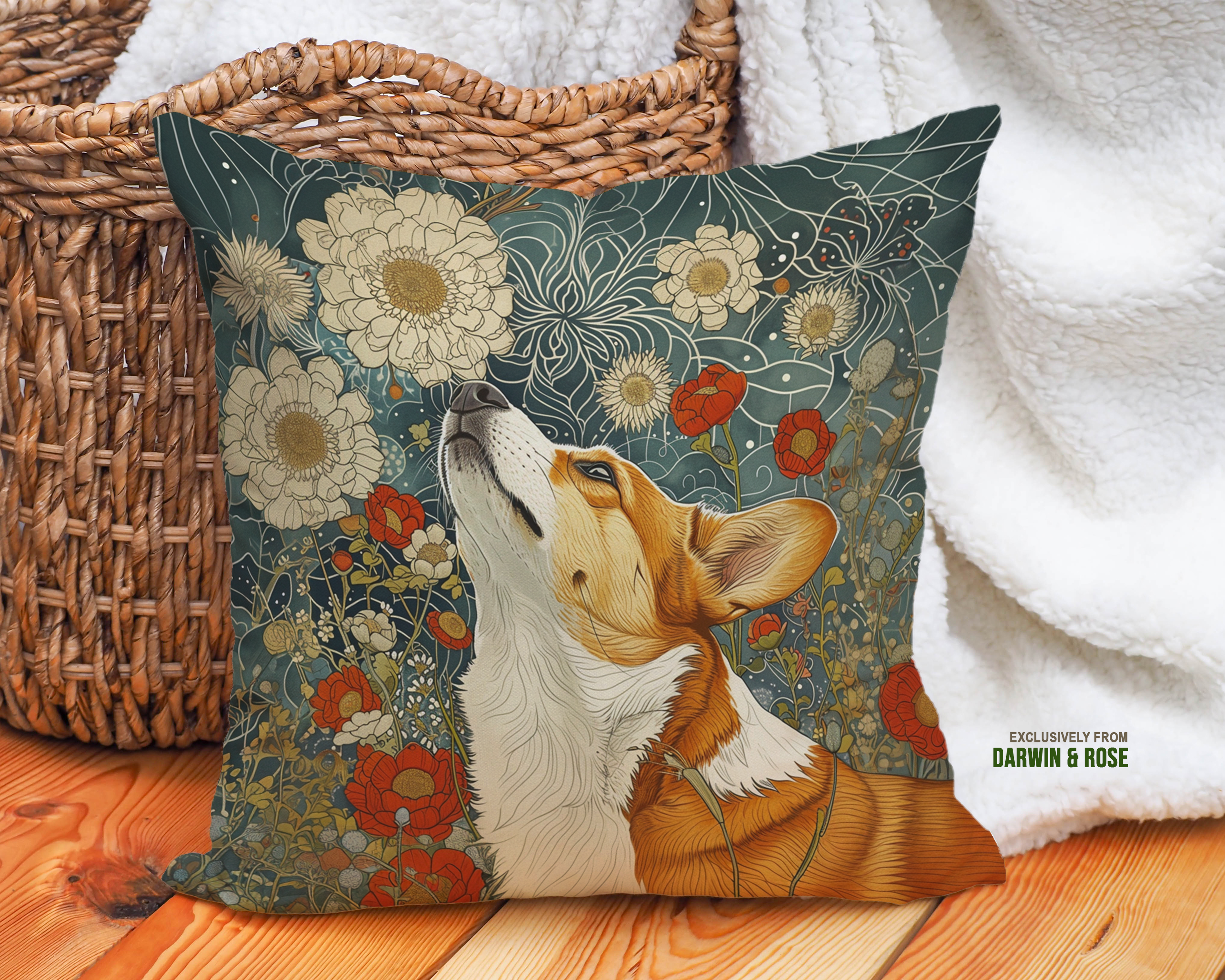 Whimsical Garden Pembroke Welsh Corgi Throw Pillow – Boho Style Décor