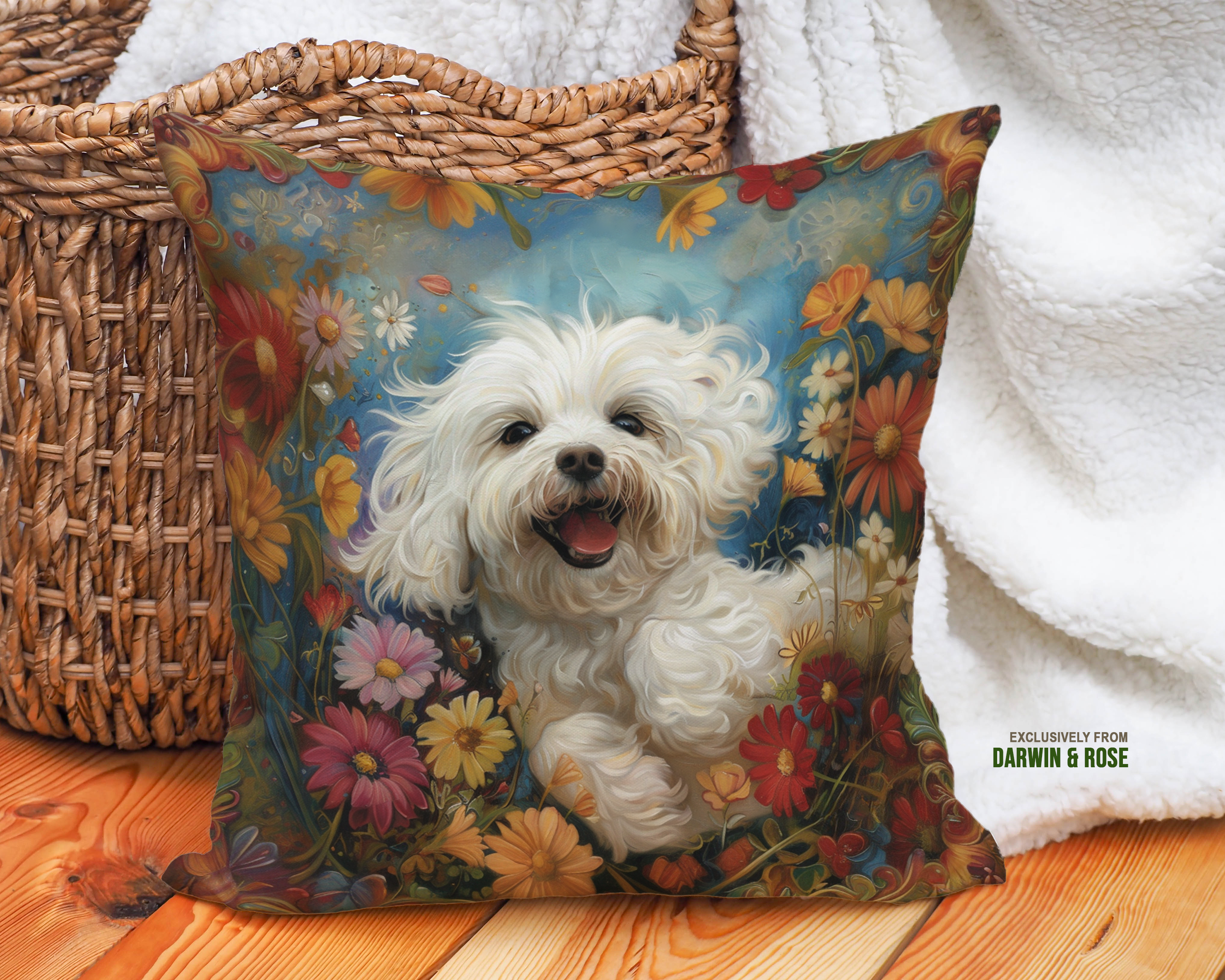 Floral Bliss Maltese Throw Pillow - Boho Dog Lover’s Delight