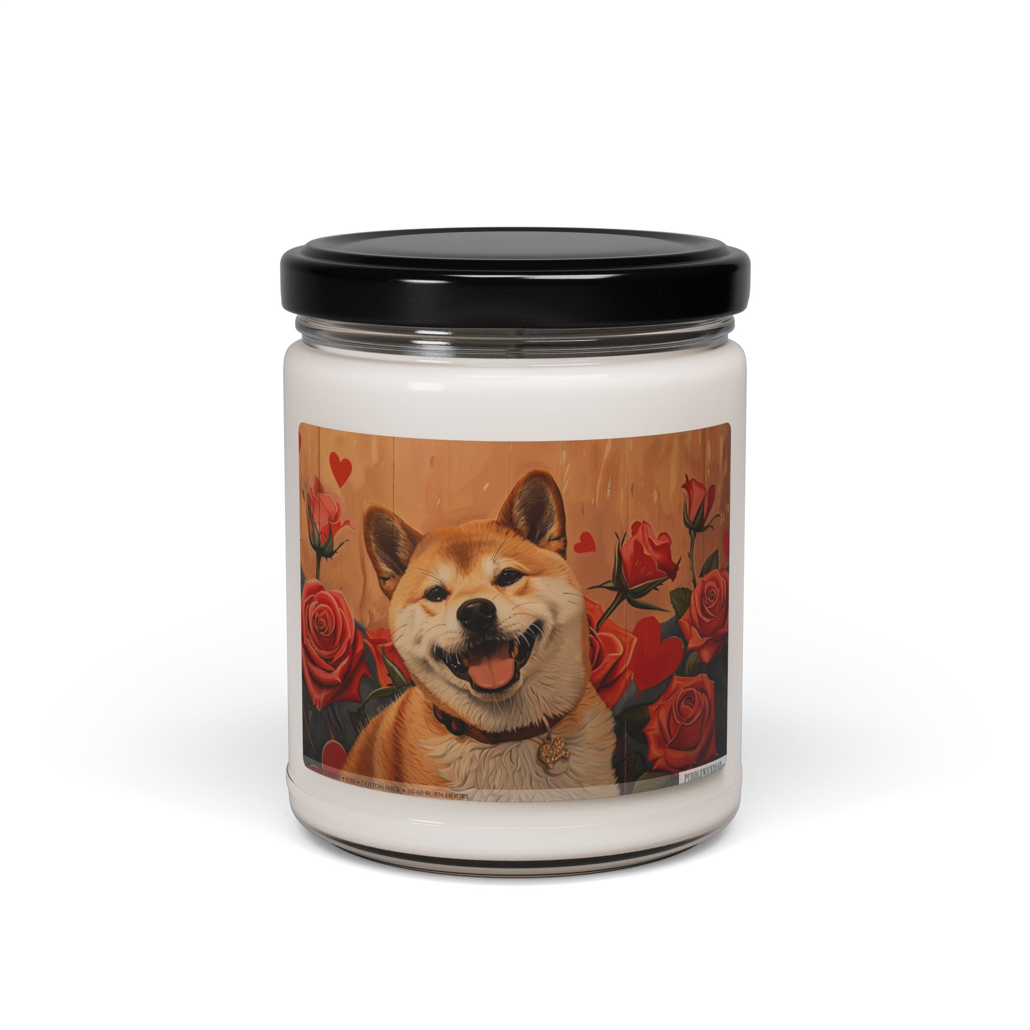 Shiba Inu Love Candle - Adorable Dog Art with Roses - Darwin & Rose