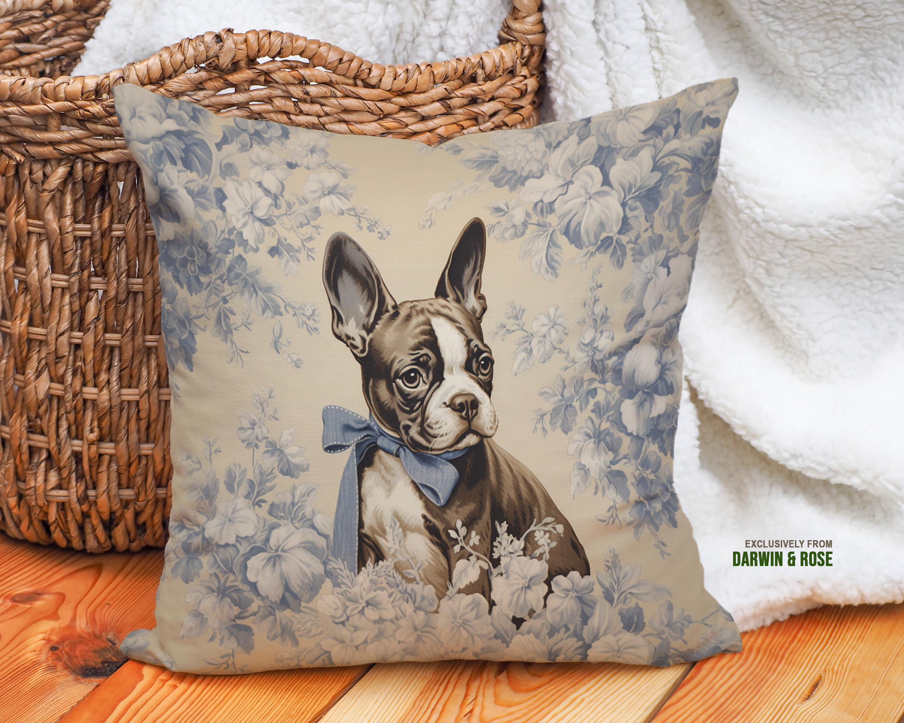 Boston Terrier Vintage Floral Throw Pillow, Farmhouse Blue and Beige Decor