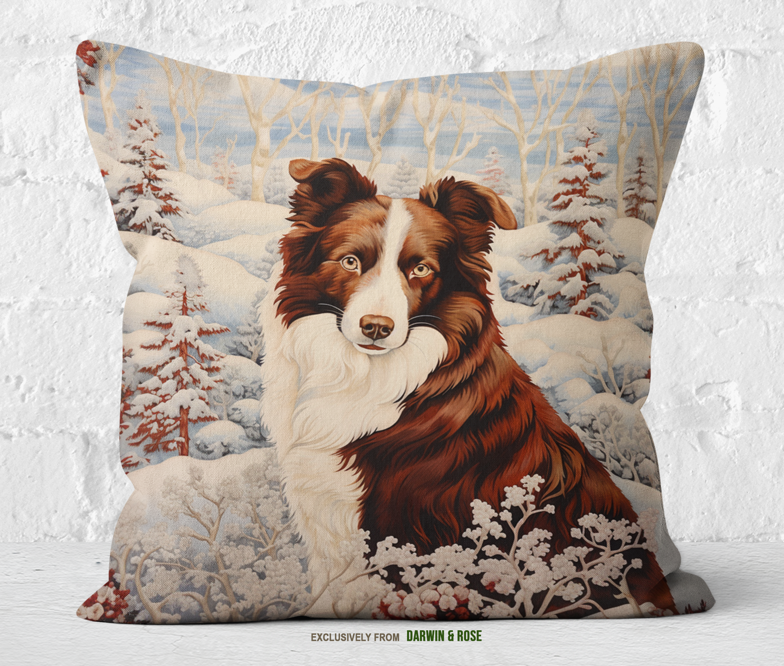 Red Border Collie in Winter Wonderland Throw Pillow