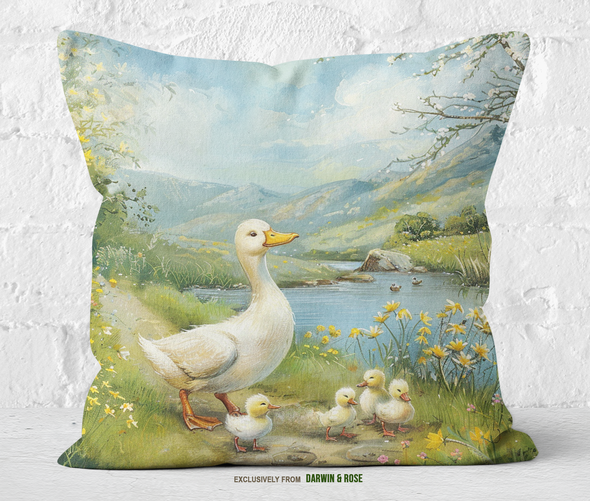 Springtime Duck Family Throw Pillow - Cottagecore Easter Decor