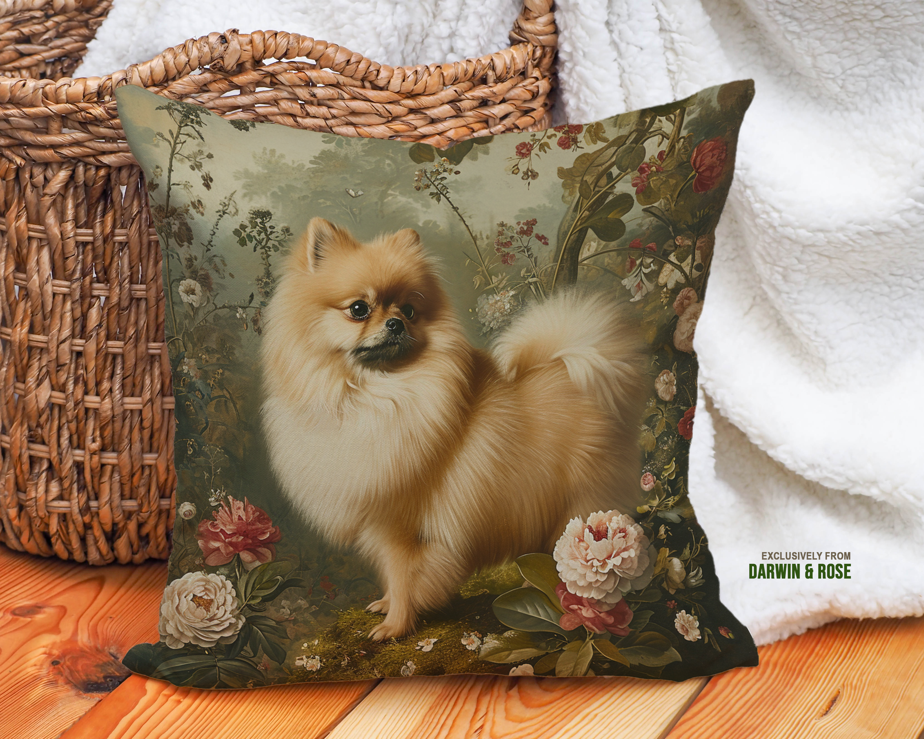 Floral Elegance Pomeranian Throw Pillow – Vintage Boho Style