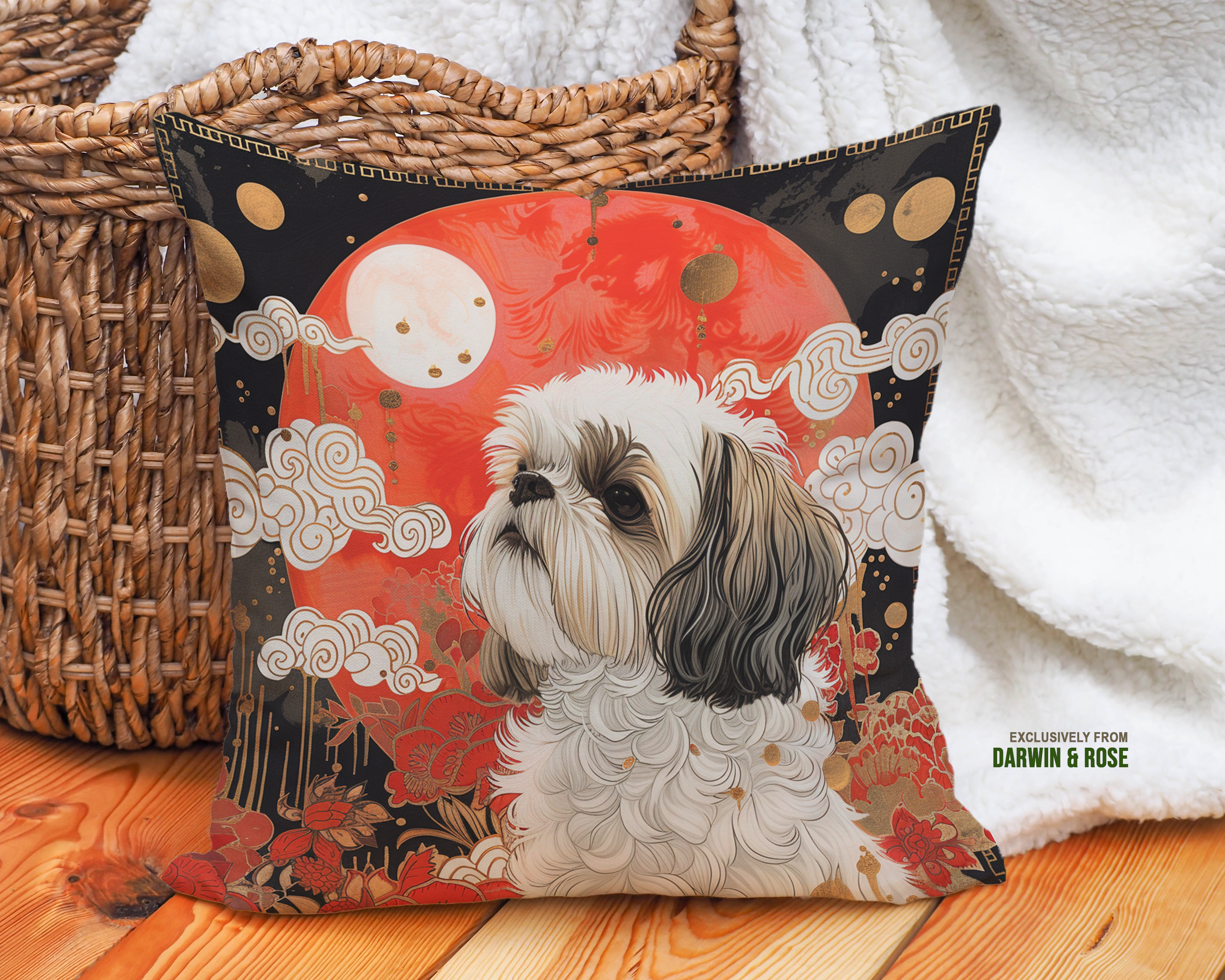 Shih Tzu Lunar Elegance Throw Pillow – Modern Asian-Inspired Home Décor