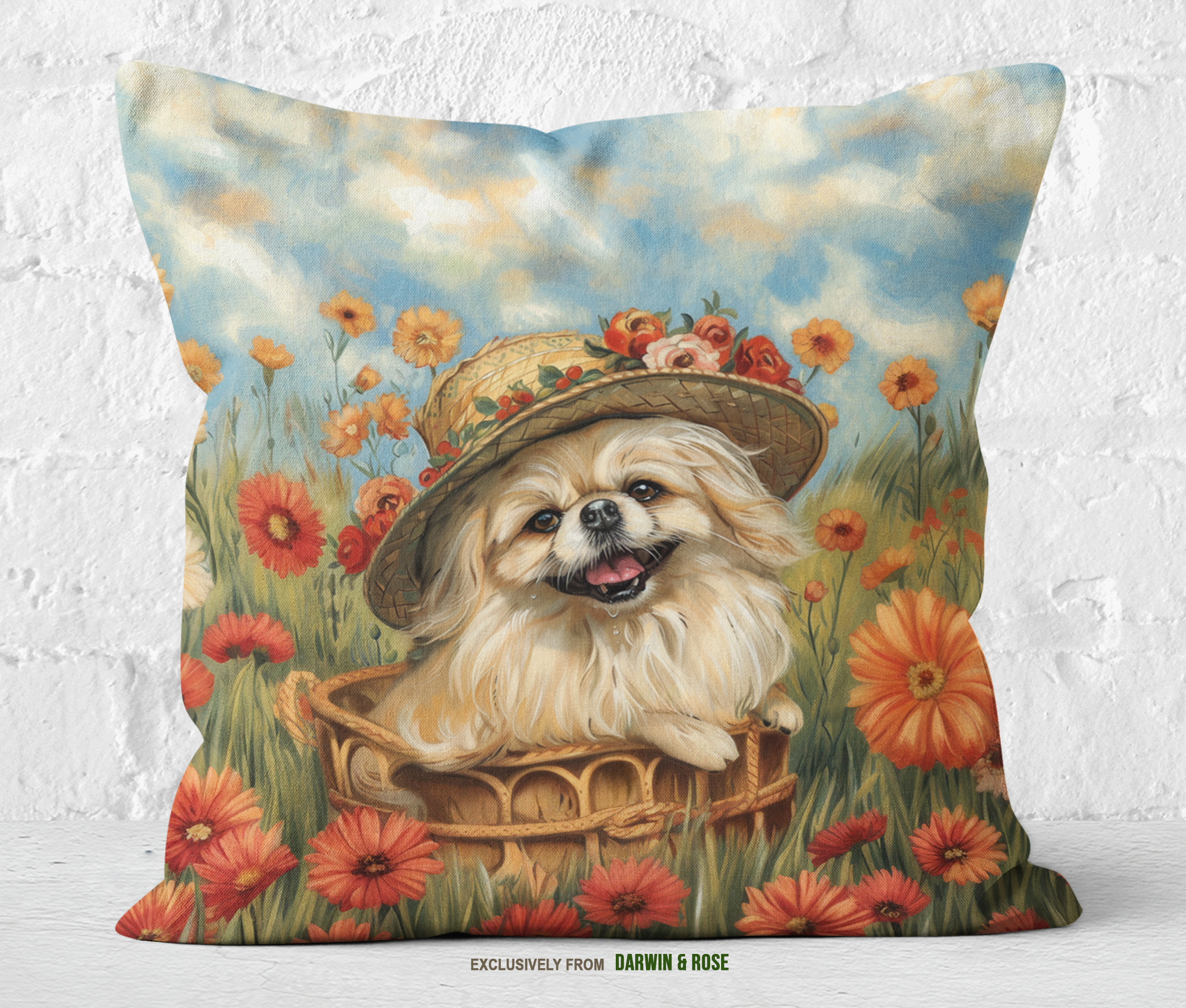 Pekingese in Bloom - Whimsical Boho Throw Pillow