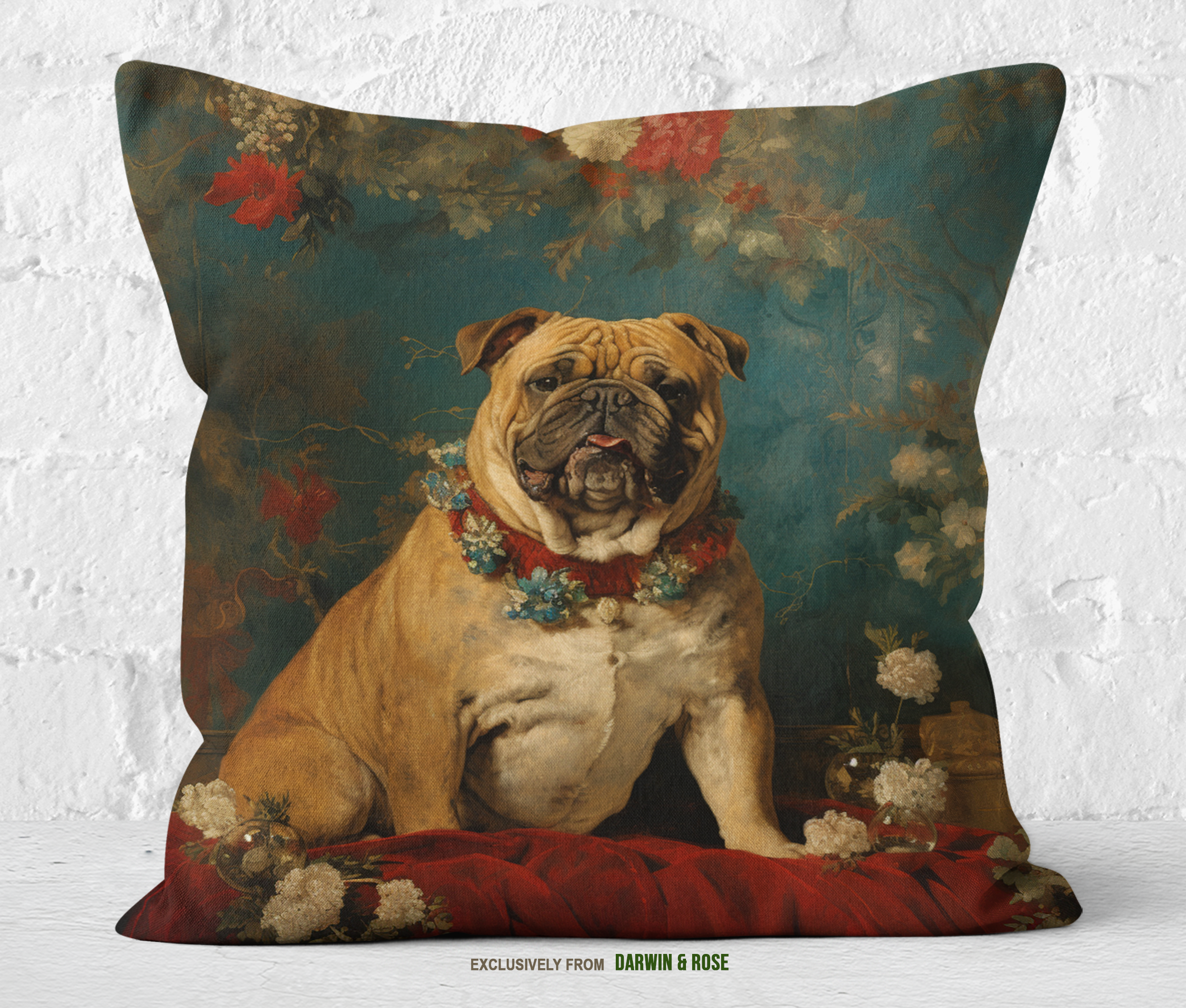 Regal English Bulldog Floral Portrait Throw Pillow – Vintage Luxe Decor
