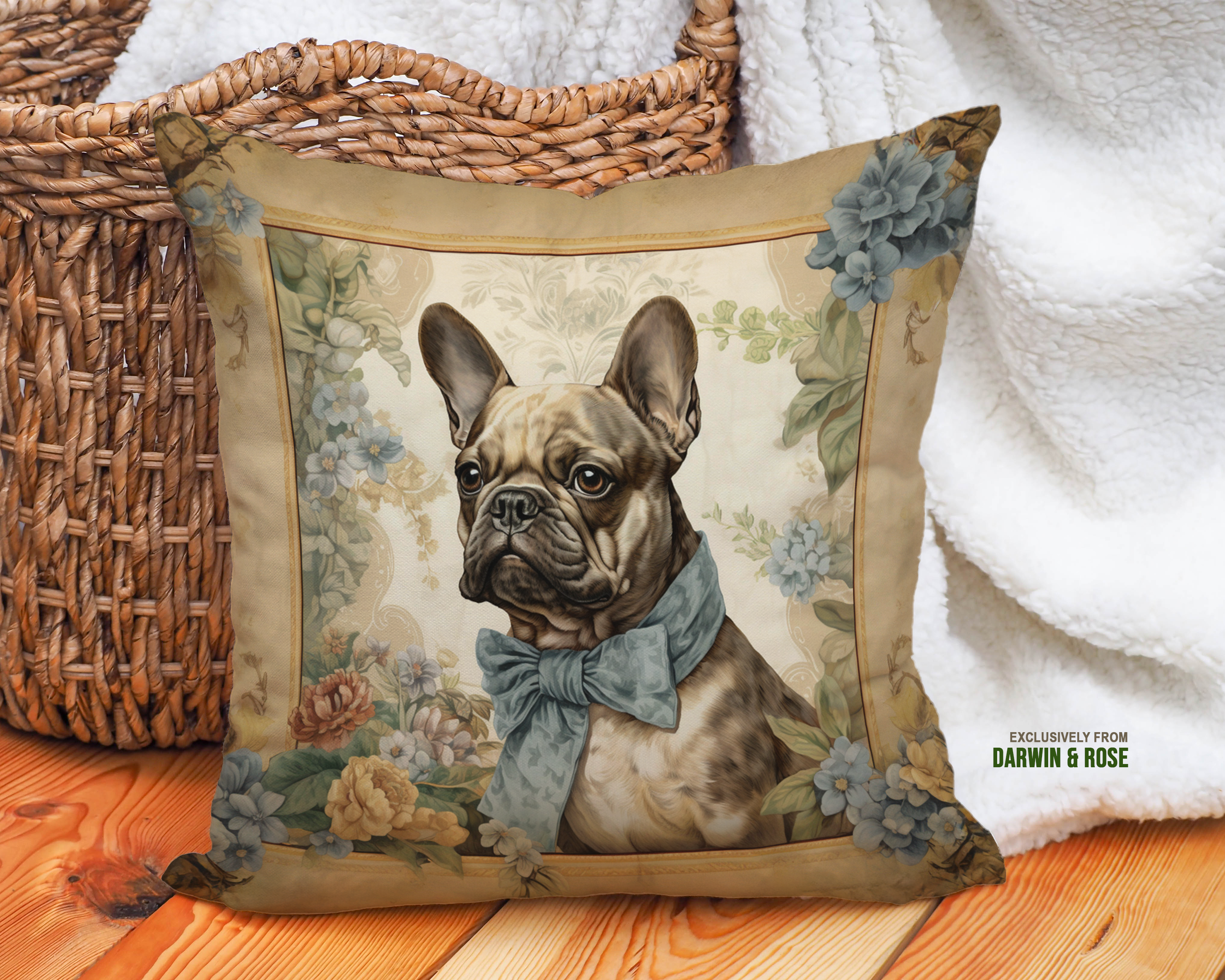 French Bulldog Vintage Elegance Throw Pillow - Cottagecore Floral Style