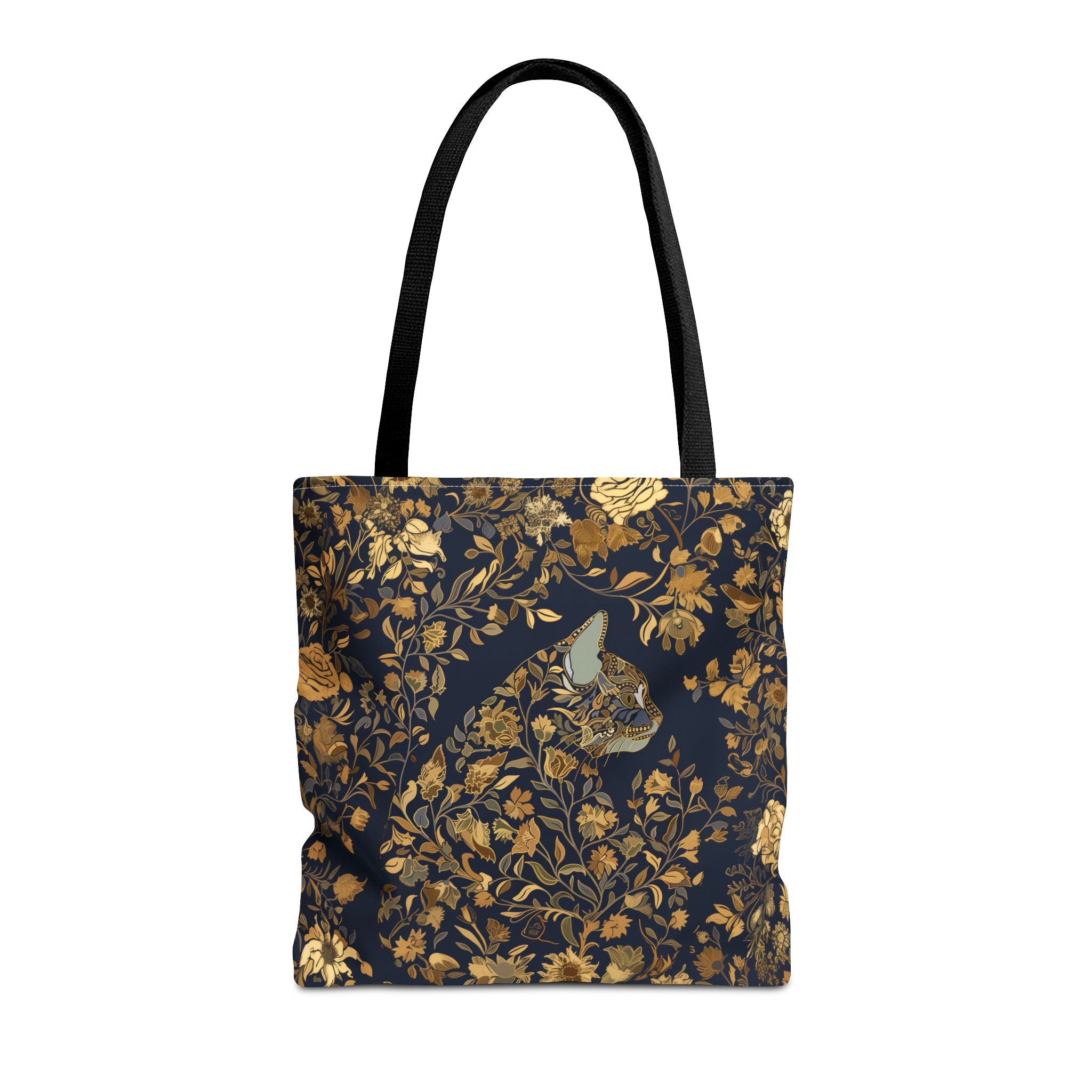 Golden Floral Cat Silhouette Tote Bag, Elegant Eco-Friendly Canvas - Darwin & Rose