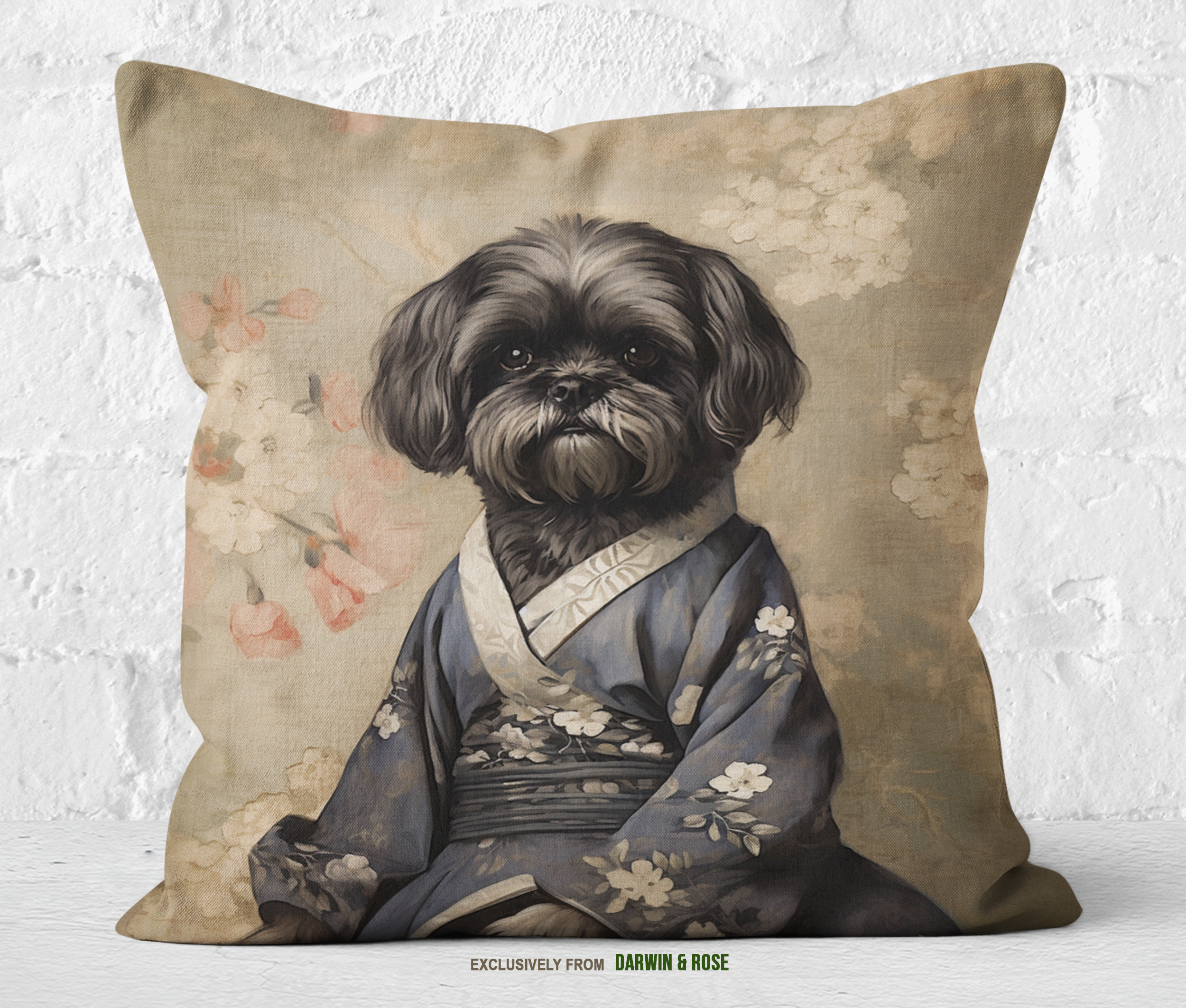 Shih Tzu Elegance: Vintage Floral Kimono Throw Pillow