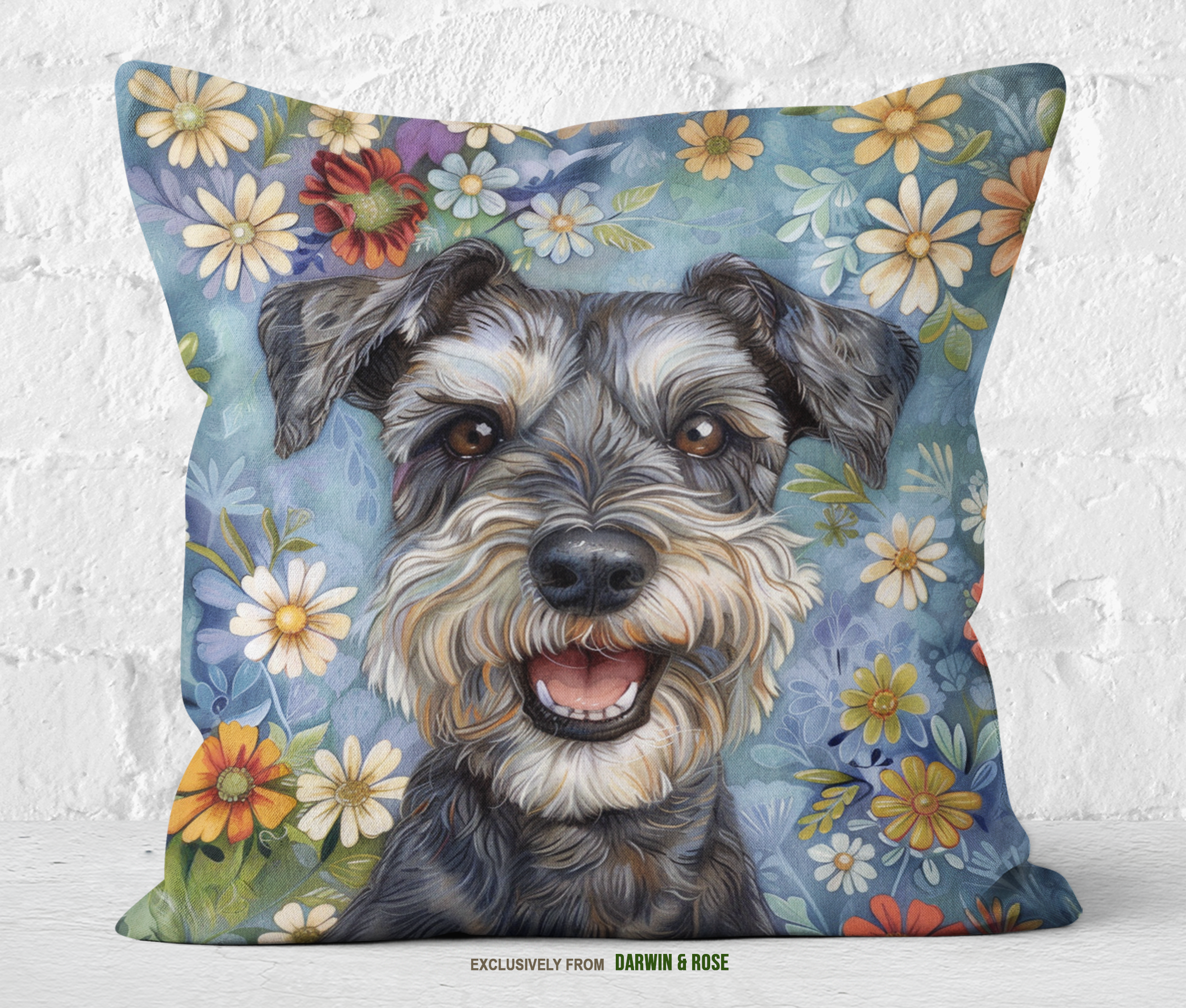 Miniature Schnauzer Floral Bliss Throw Pillow – Modern Farmhouse Style