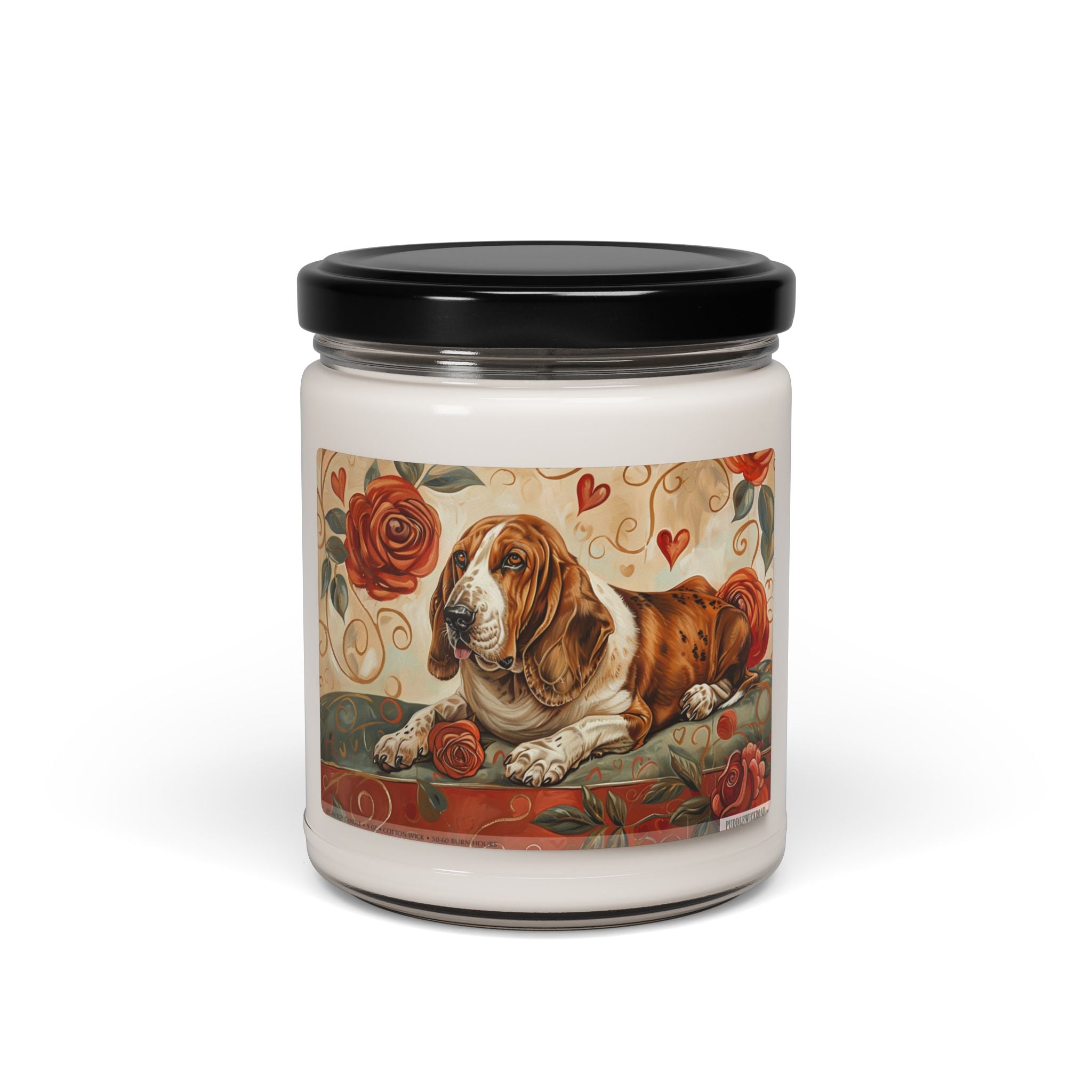 Basset Hound Love Candle - Vintage Dog Lover Gift with Roses - Darwin & Rose