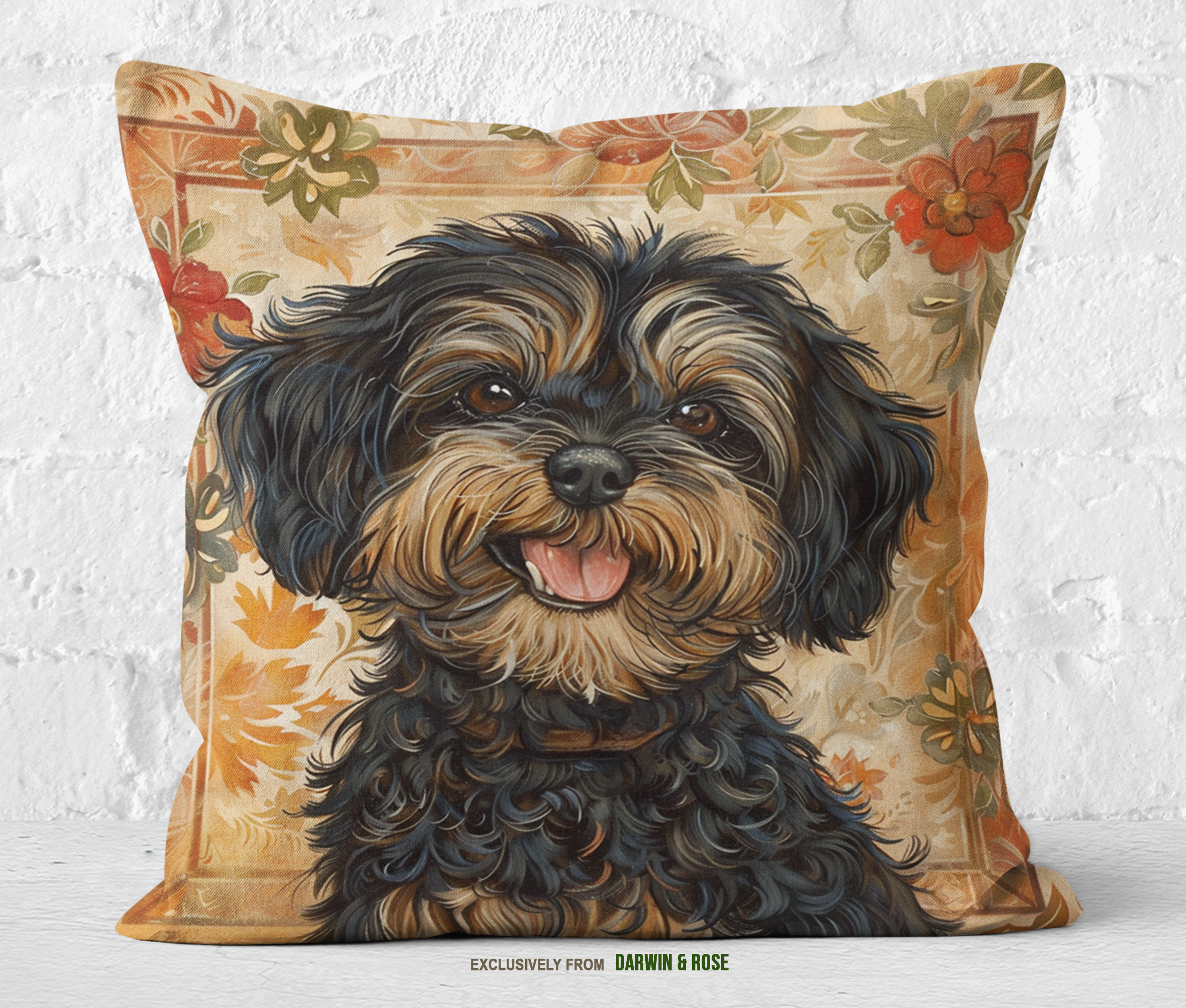 Yorkipoo Autumn Bloom Decorative Throw Pillow