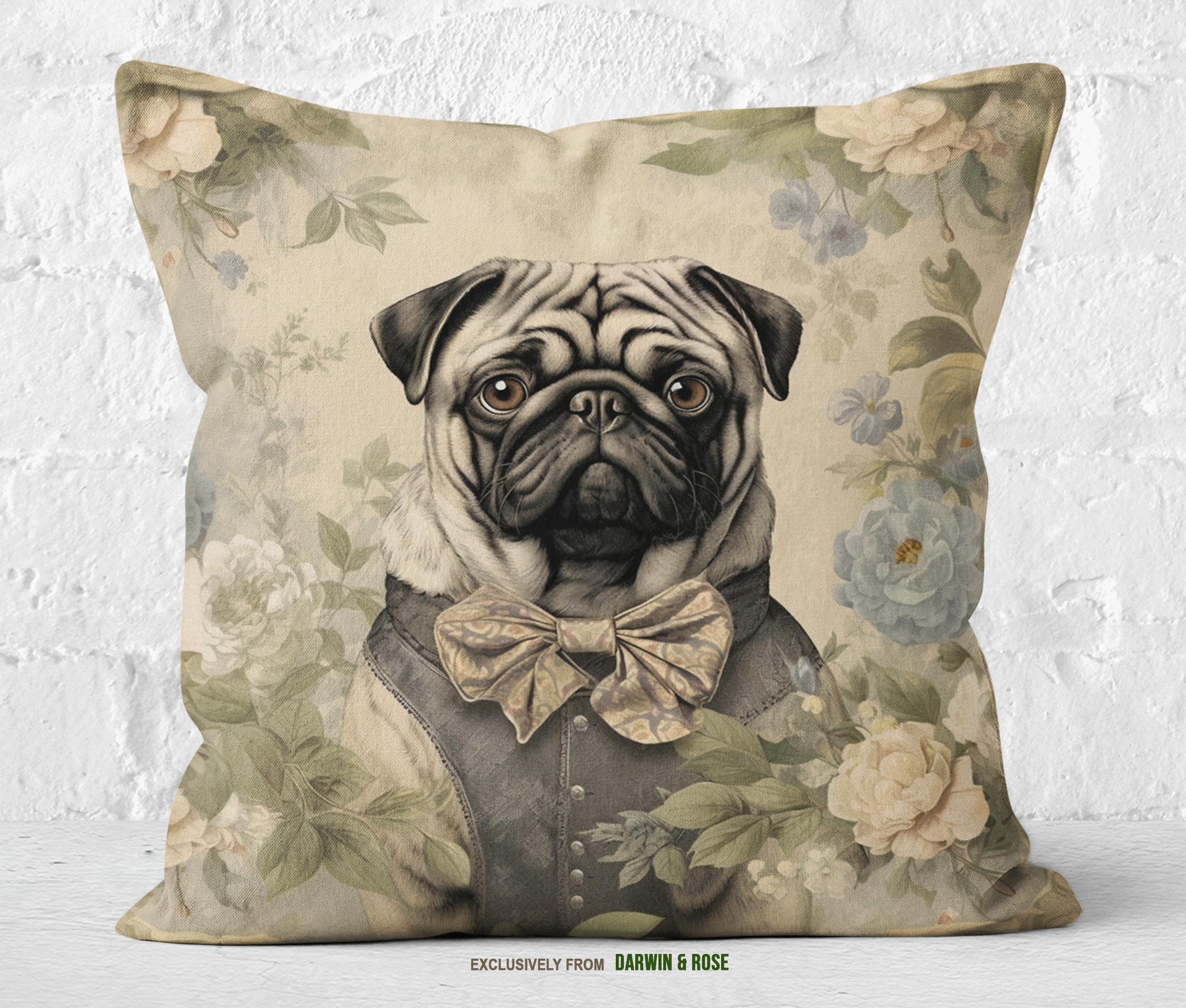 Vintage Pug Elegance Throw Pillow – Victorian Charm for Dog Lovers
