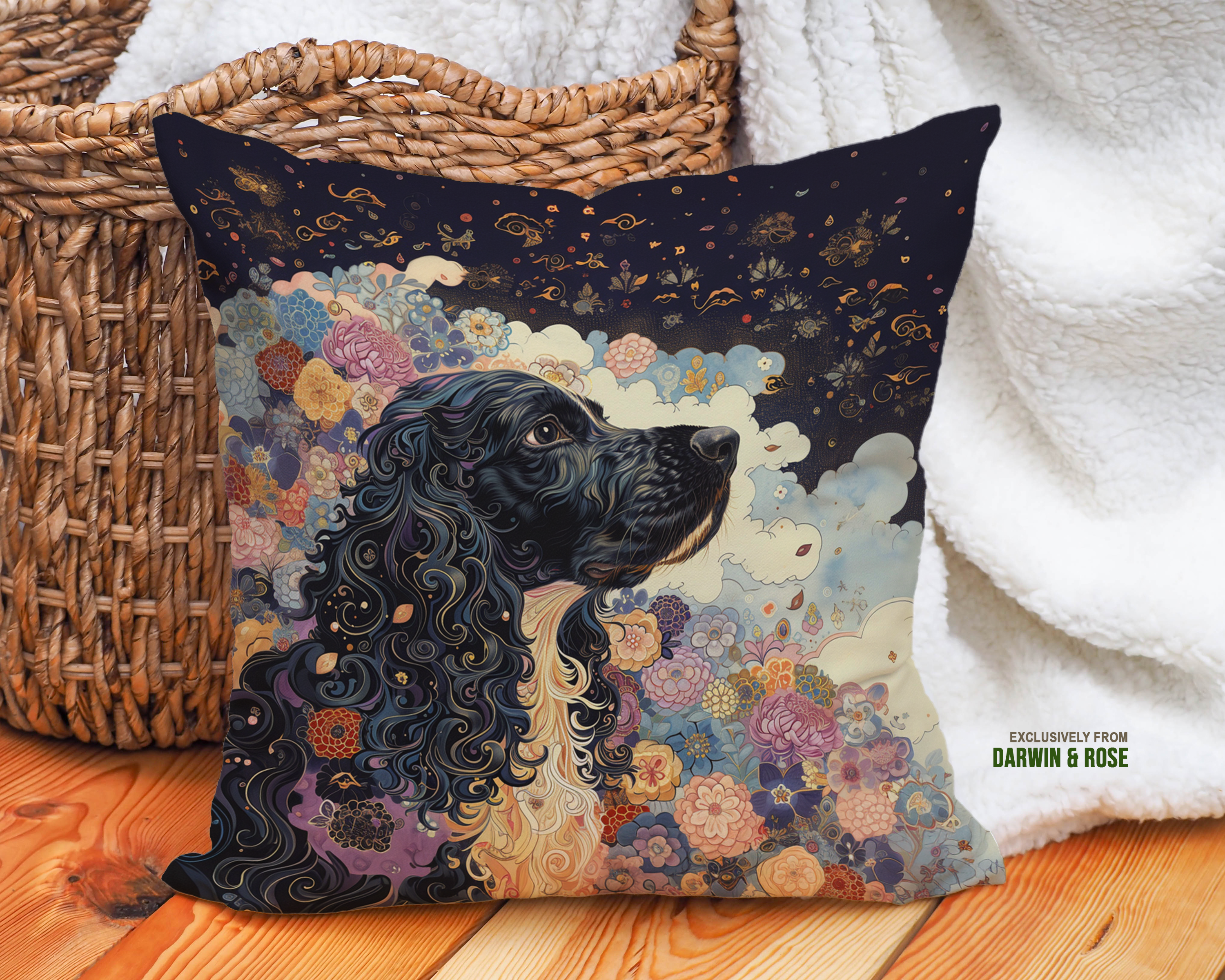 Whimsical Night Garden Cocker Spaniel Throw Pillow – Boho Dog Lover’s Dream