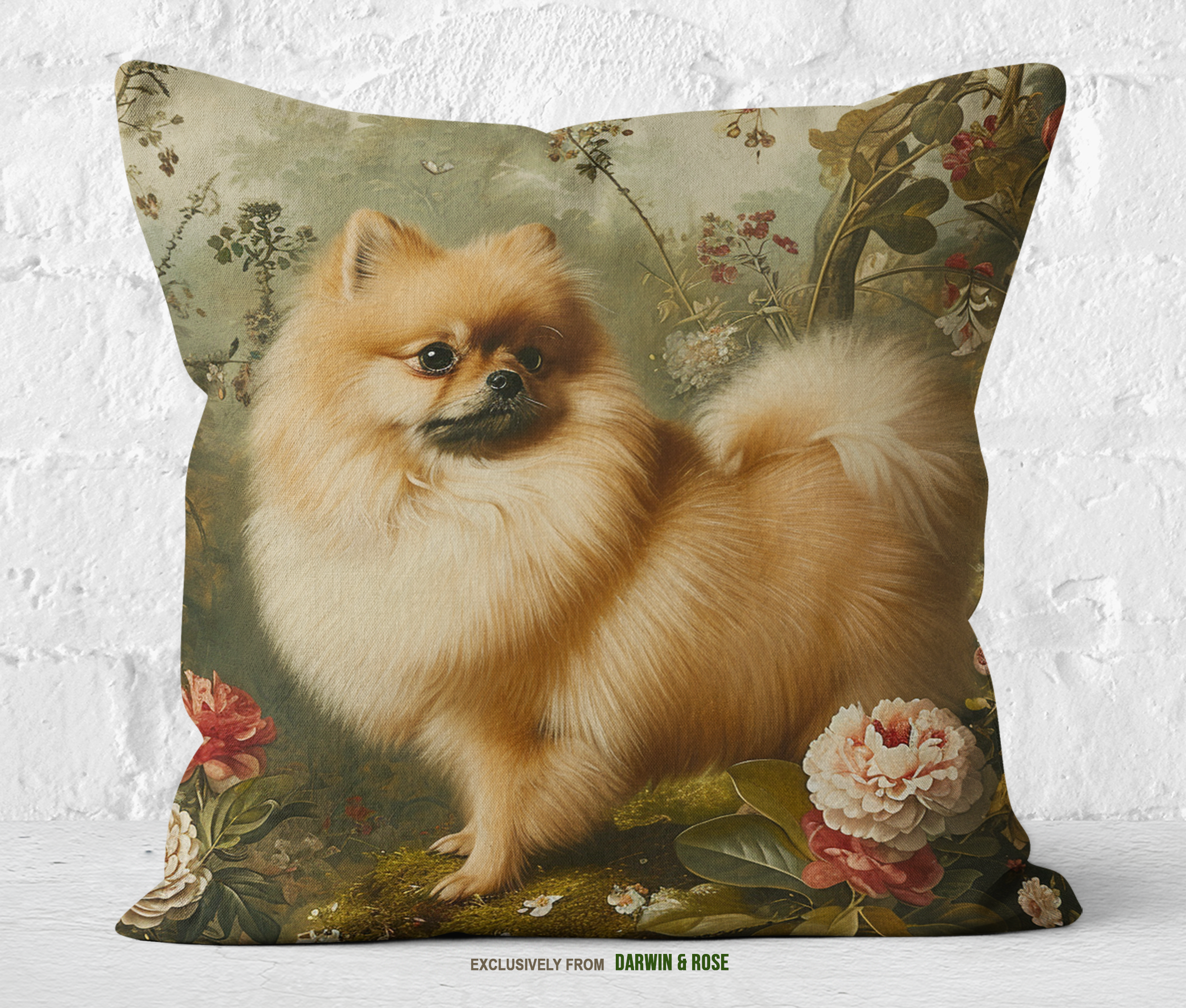 Floral Elegance Pomeranian Throw Pillow – Vintage Boho Style